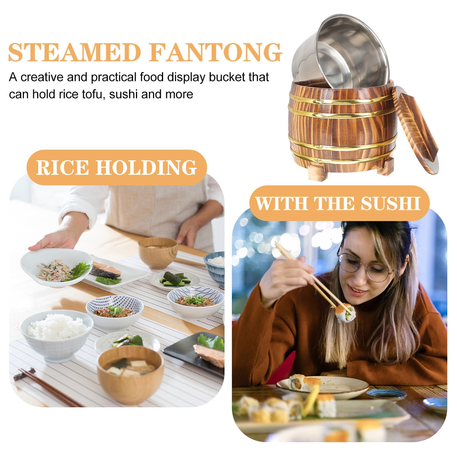 Cabilock Secchio per Riso al Vapore in Legno 18 CM Coperchio e Interno in Acciaio Resistente Contenitore Rotondo per Riso Domestico Adatto per Cucina Casalinga Ristoranti e Sushi