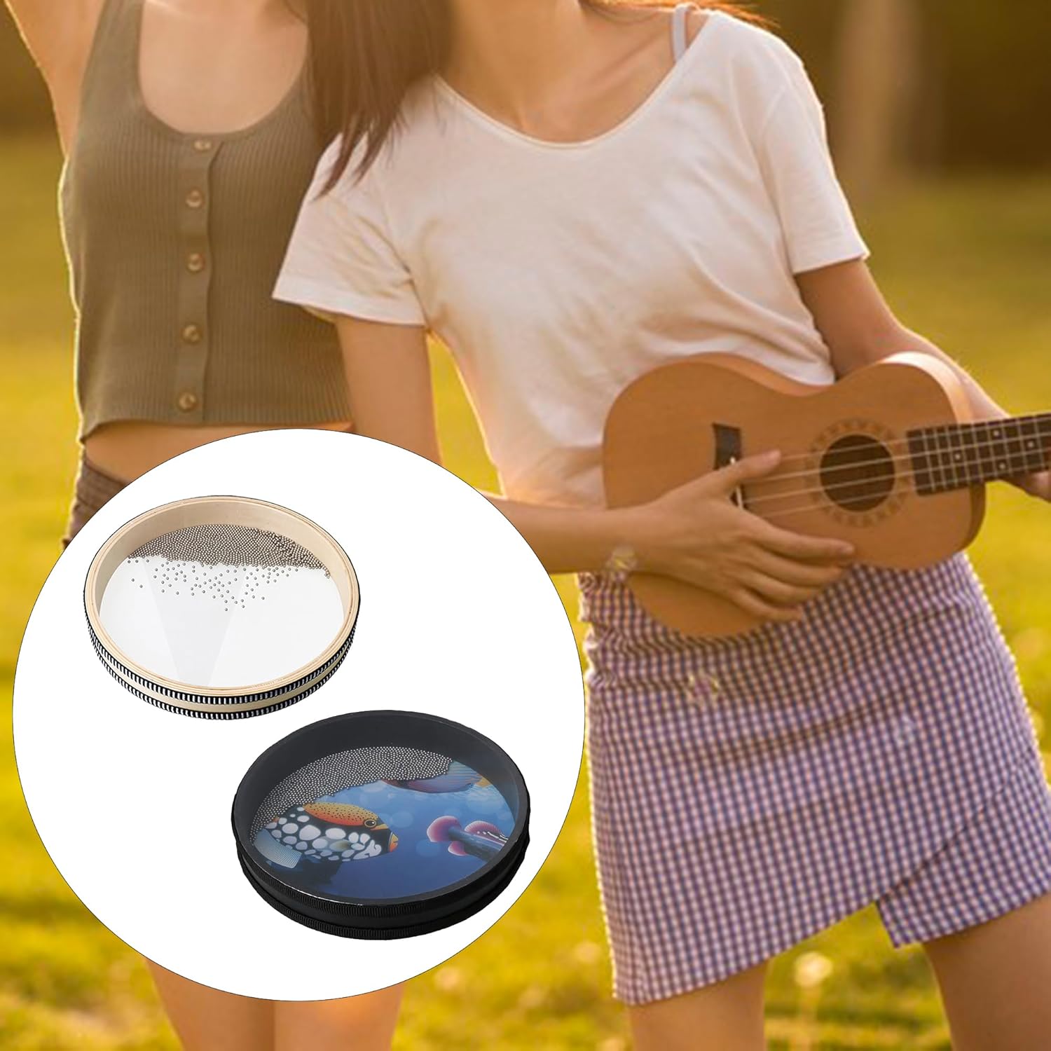 ETFBUY 2pcs 9.96inch Ocean Wave Bead Hand Drum with Natural Wood Style and Ocean Style for Music Lovers Gifts