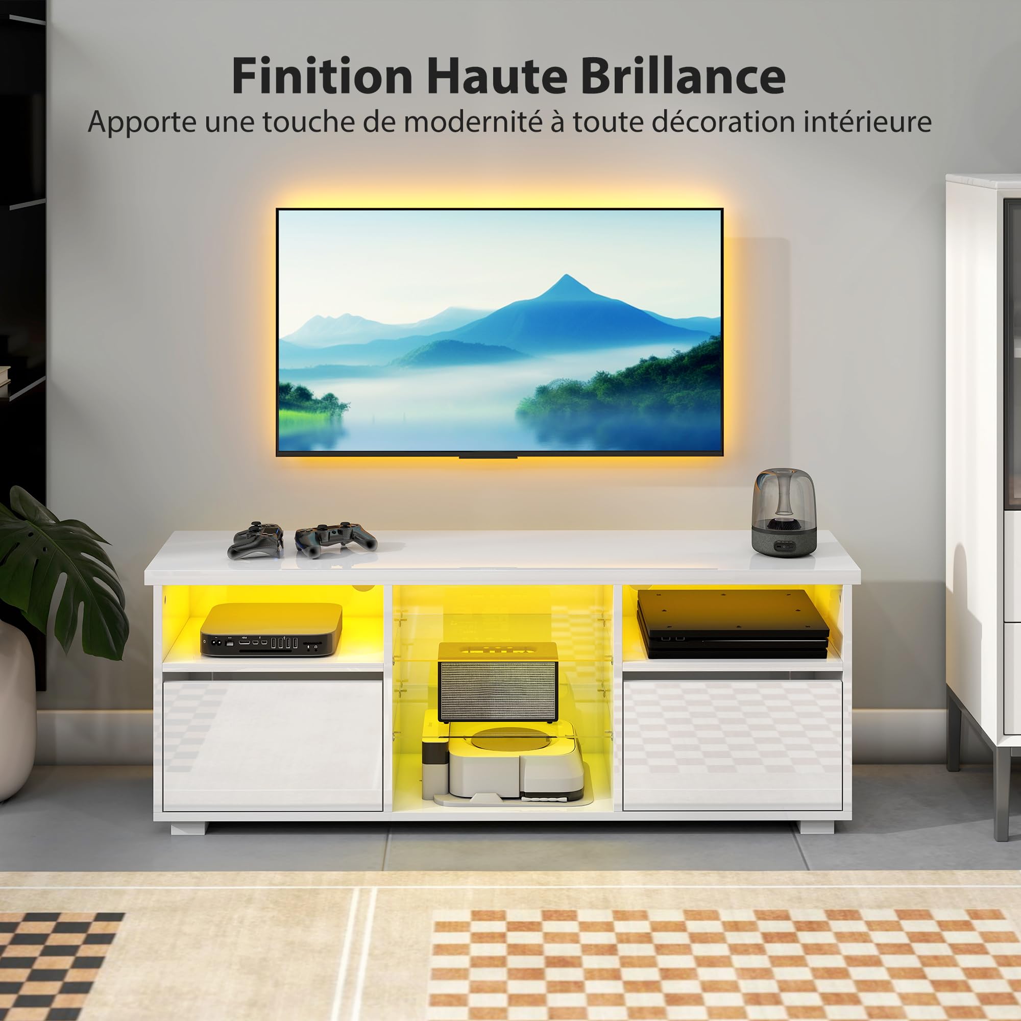 HOMCOM Meuble TV 120 cm Meuble Télé LED TV pour Téléviseur 55 Pouces Blanc