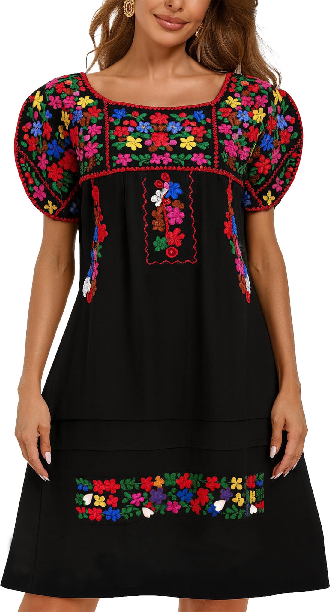 Women Mexican Embroidered Dress Short Sleeve