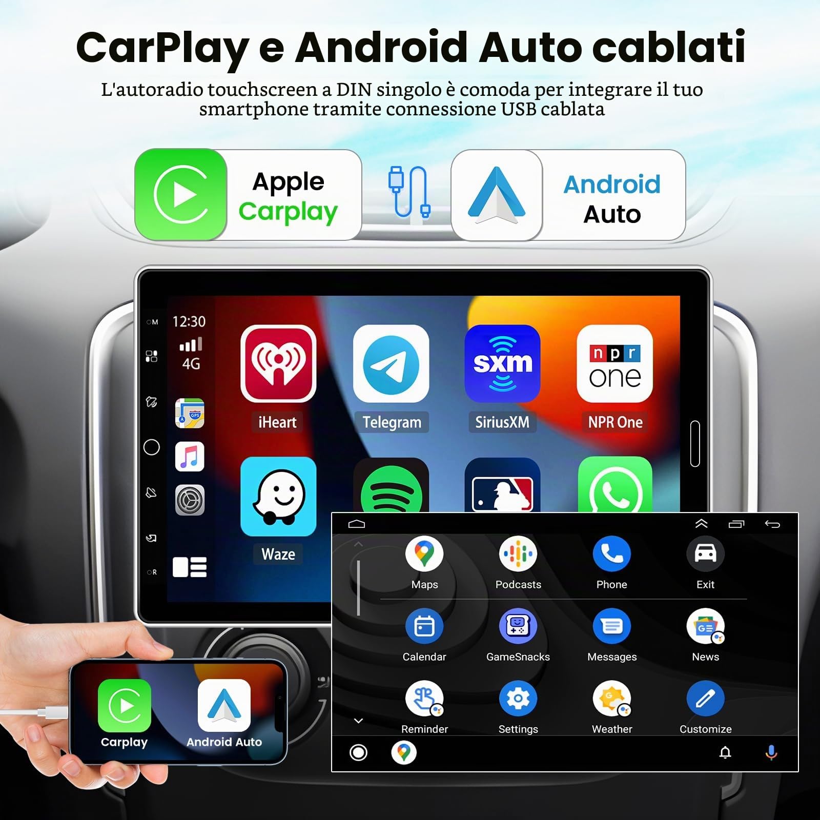 Hikity 10,1" IPS Schermo 1 Din Autoradio con CarPlay Android Auto Wired | Schermo Touch Radio con Bluetooth Vivavoce Rimovibile Mirror Link FM/RDS USB SD AUX + Telecamera di Retromarcia