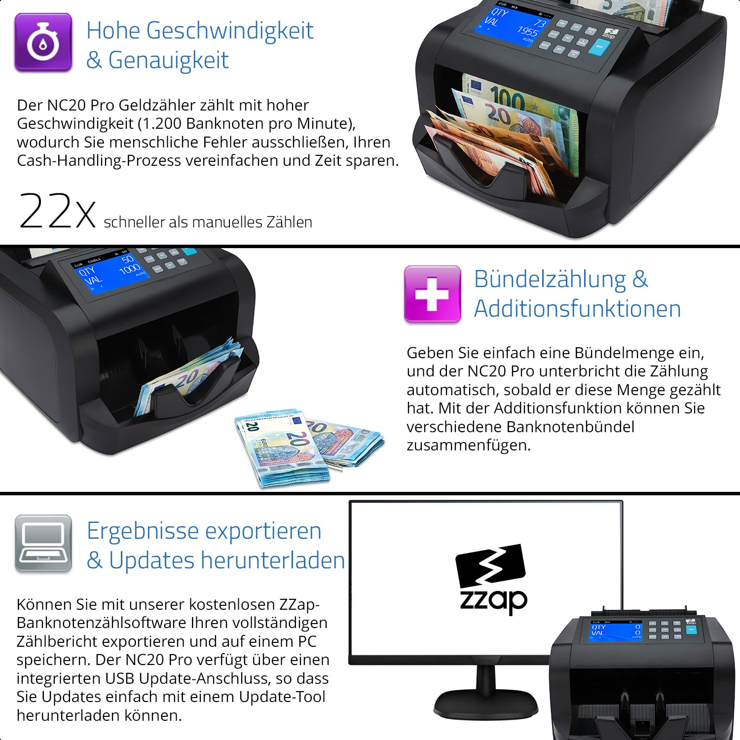 ZZap NC20 Pro Geldscheinzähler für gemischte Stückelungen & Falschgelddetektor - Geldzählmaschine Banknotenzählmaschine Geldzähler Wertzähler
