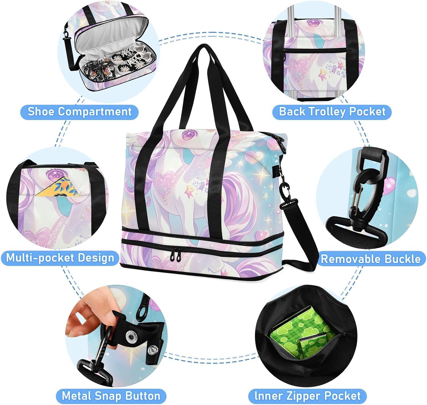 Cute Cartoon unicorns Glitter Hearts Gym Tote Bag Large Carry On Bag with Adjustable Strap for Yoga Multifunctional