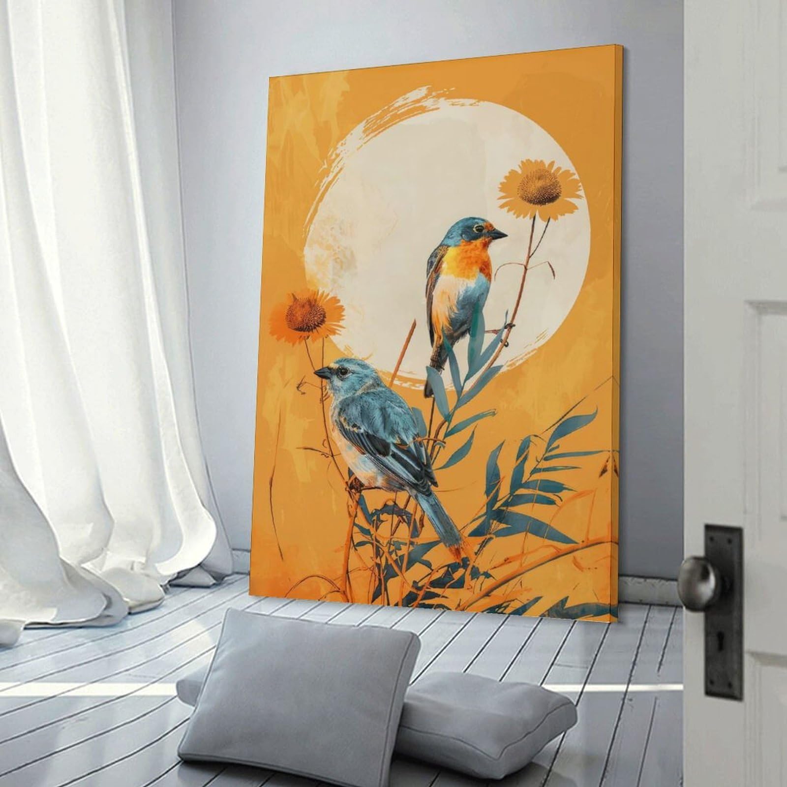 Junmoney Frame-Style-10 Birds On Branch With Sun Canvas Wall Decor, 08X12inch(20X30cm), For Wall Displays, Bedrooms Or Room Updates, Wall Decor Suited To Curated Displays