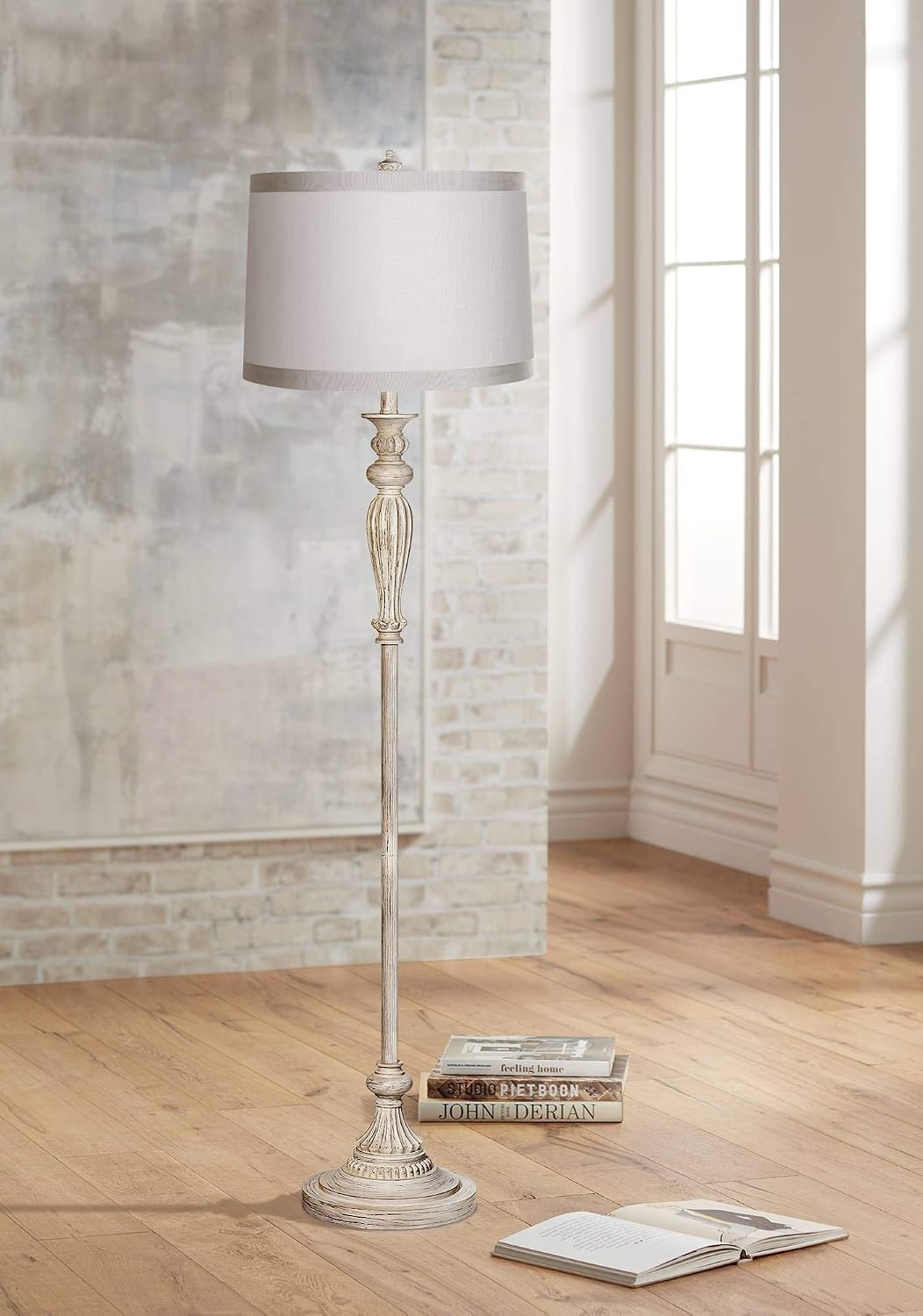 360 Lighting Traditional Vintage Shabby Chic Standing Floor Lamp 60" Tall Antique White Washed with Off-White Washed Silver Circle Tapered Drum Shade for Living Room Reading House Bedroom Home