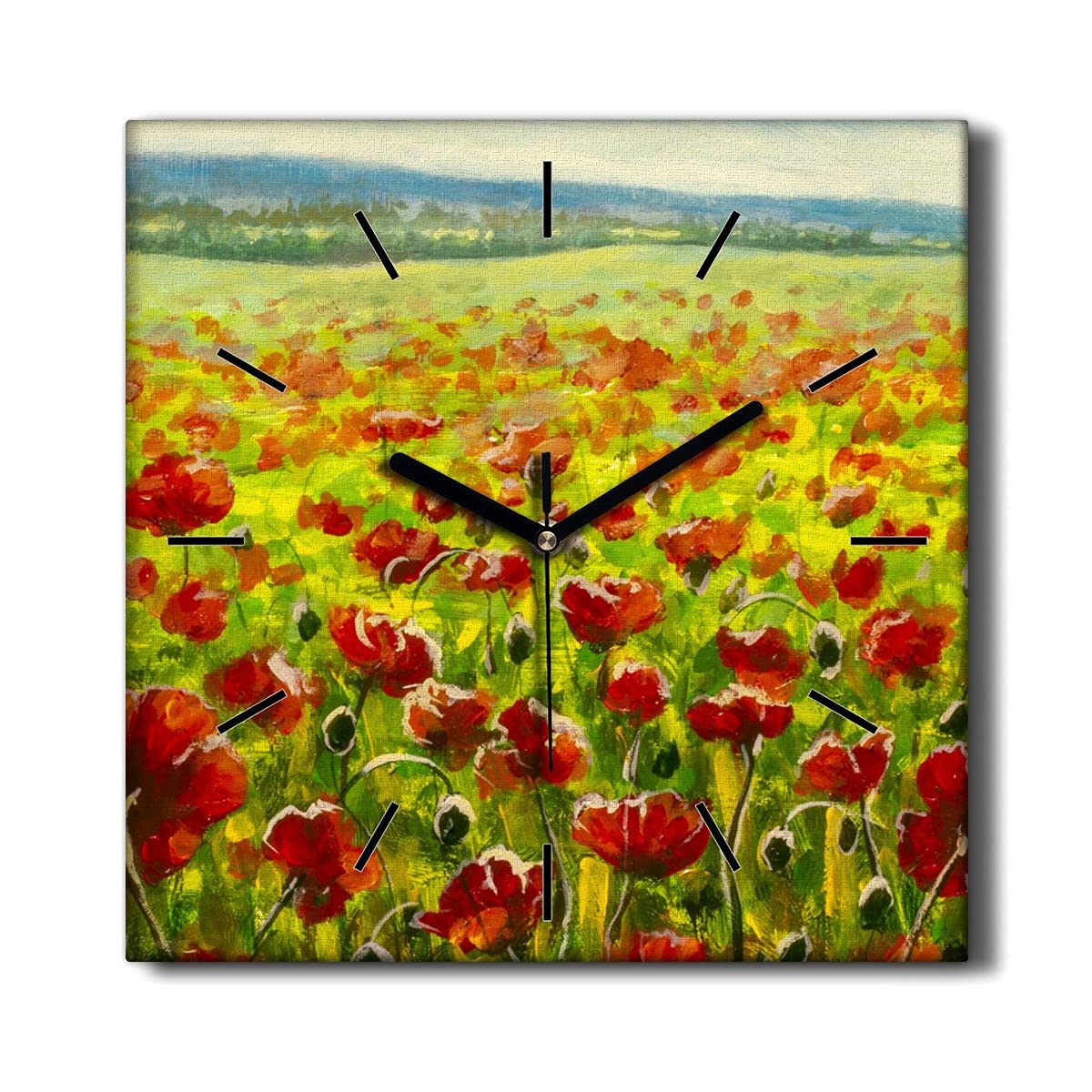 Horloge sur Toile Décoration Horloge Murale sans tic-tac Salon Peinture Prairie Coquelicots