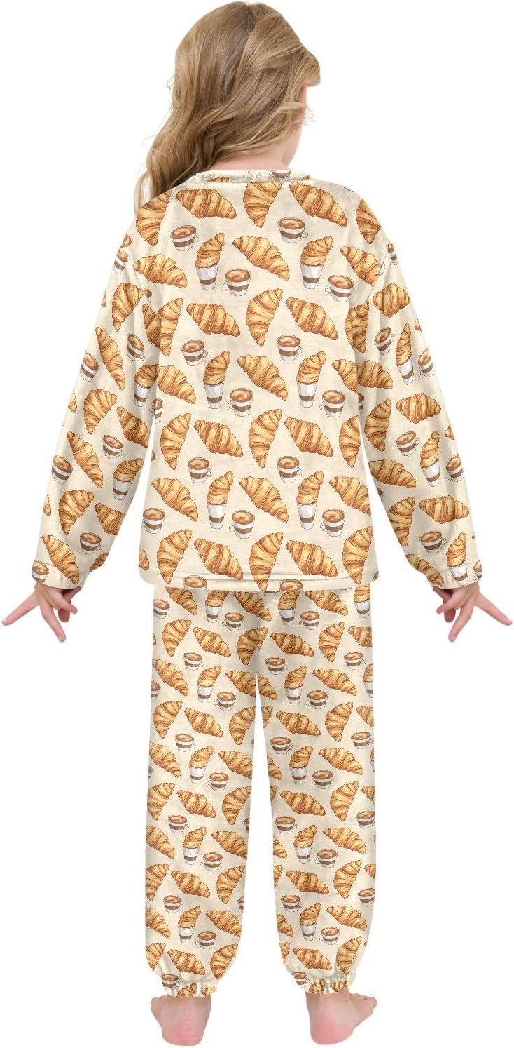 Kids Flannel Sets Croissant and Coffee Warm Plush Relaxed Clothing for Boys and Girls