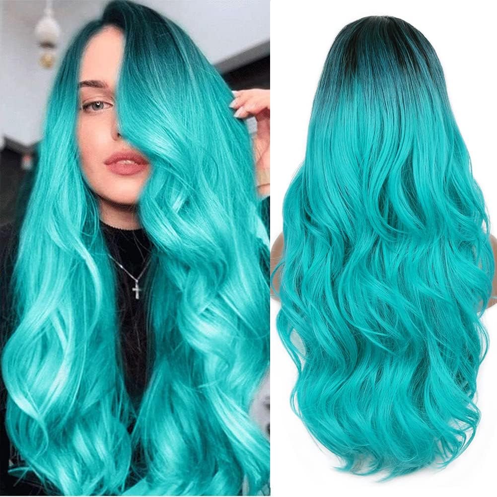 PORSMEER Ombre verde azulado largo rizado peluca para mujer, natural verde azulado cian pelo sintético Cosplay fiesta diaria peluca ombre blulish green wig