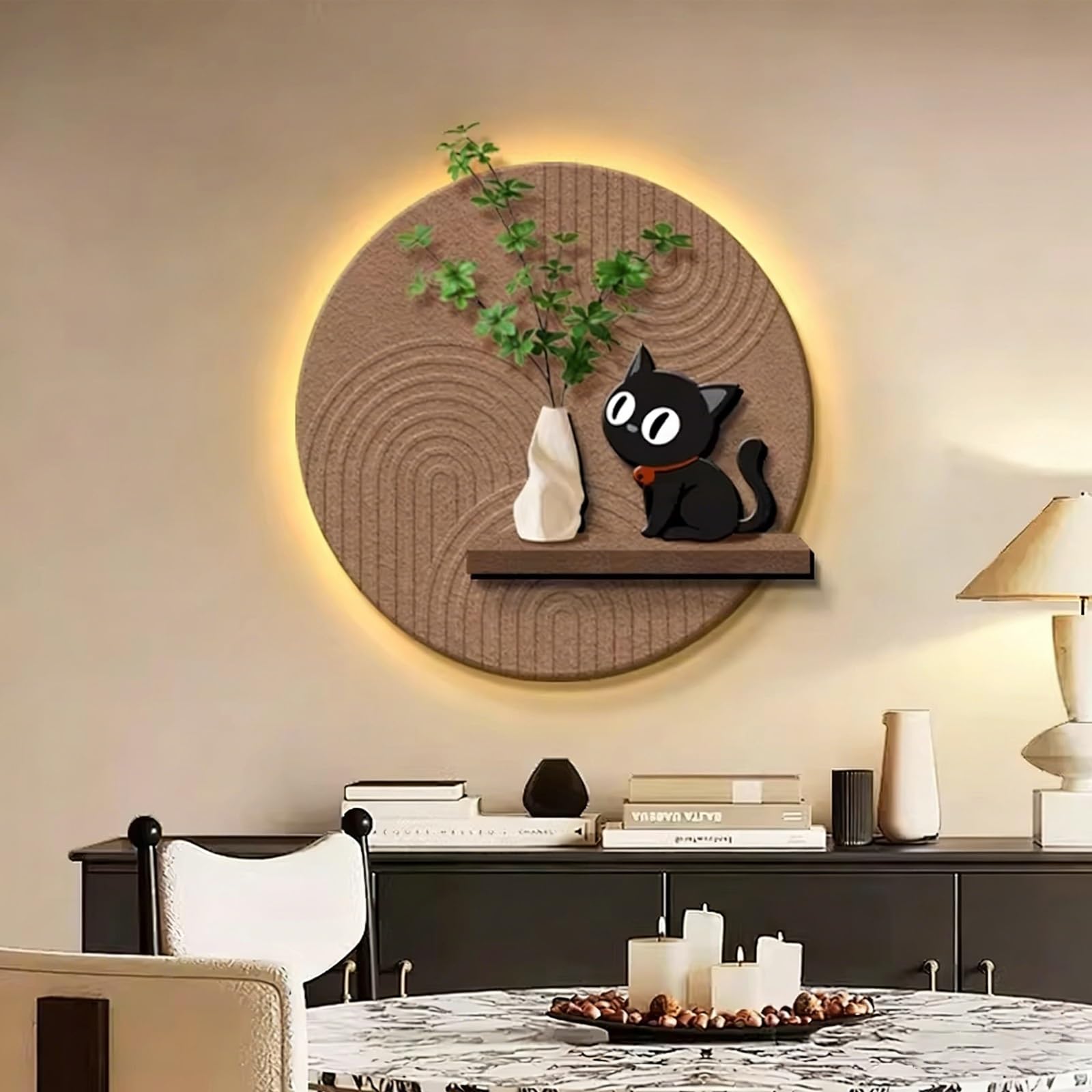 Art mural 3D LED rond 60cm en porcelaine cristal chat pour salon