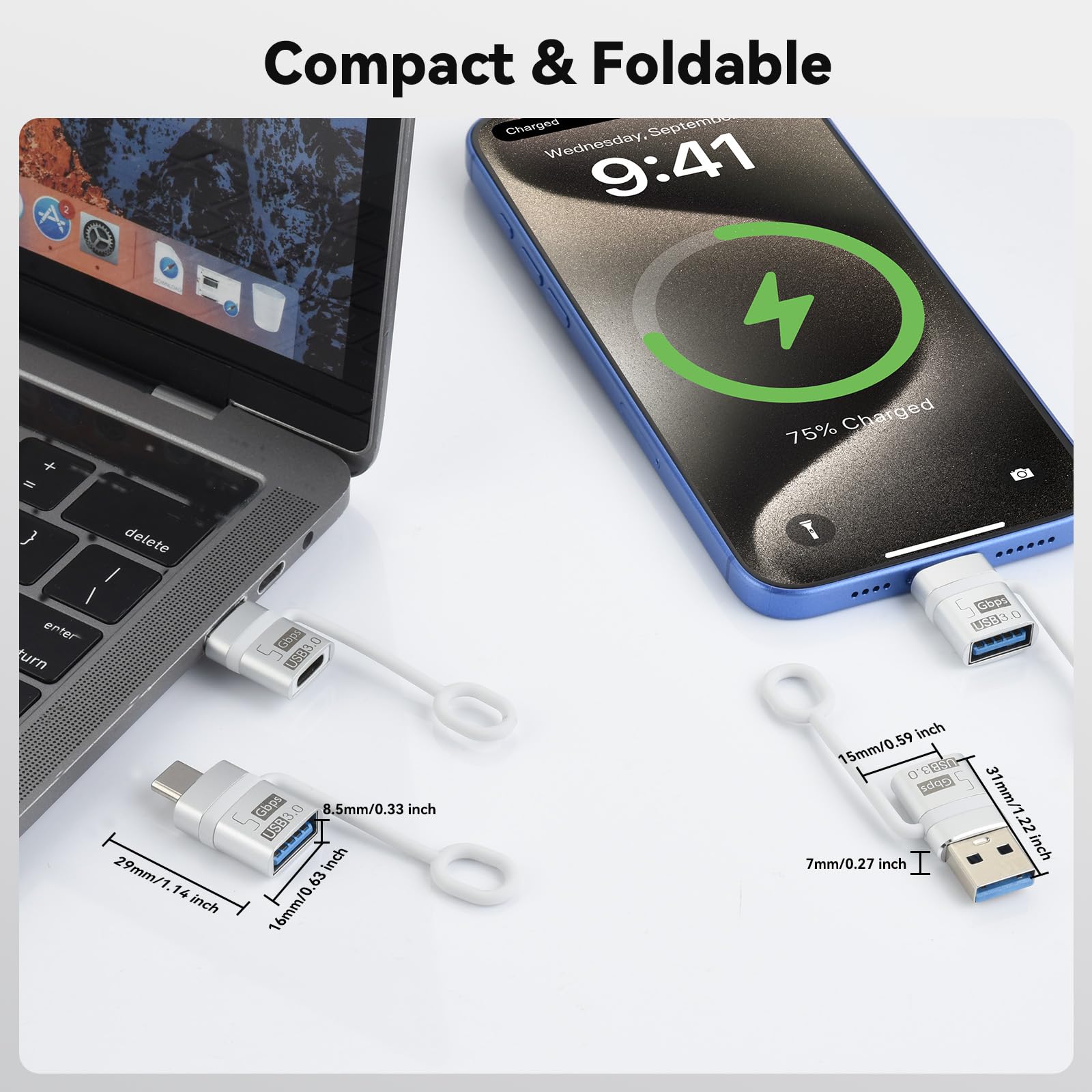 ELUTENG Adapter USB-C na USB-A (4 sztuki), Adapter Typ-C na USB 3.0 OTG z przewodem antyutratowym, kompatybilny z iPhone 16/15 Pro Max, MacBook, Samsung Galaxy S25/S24