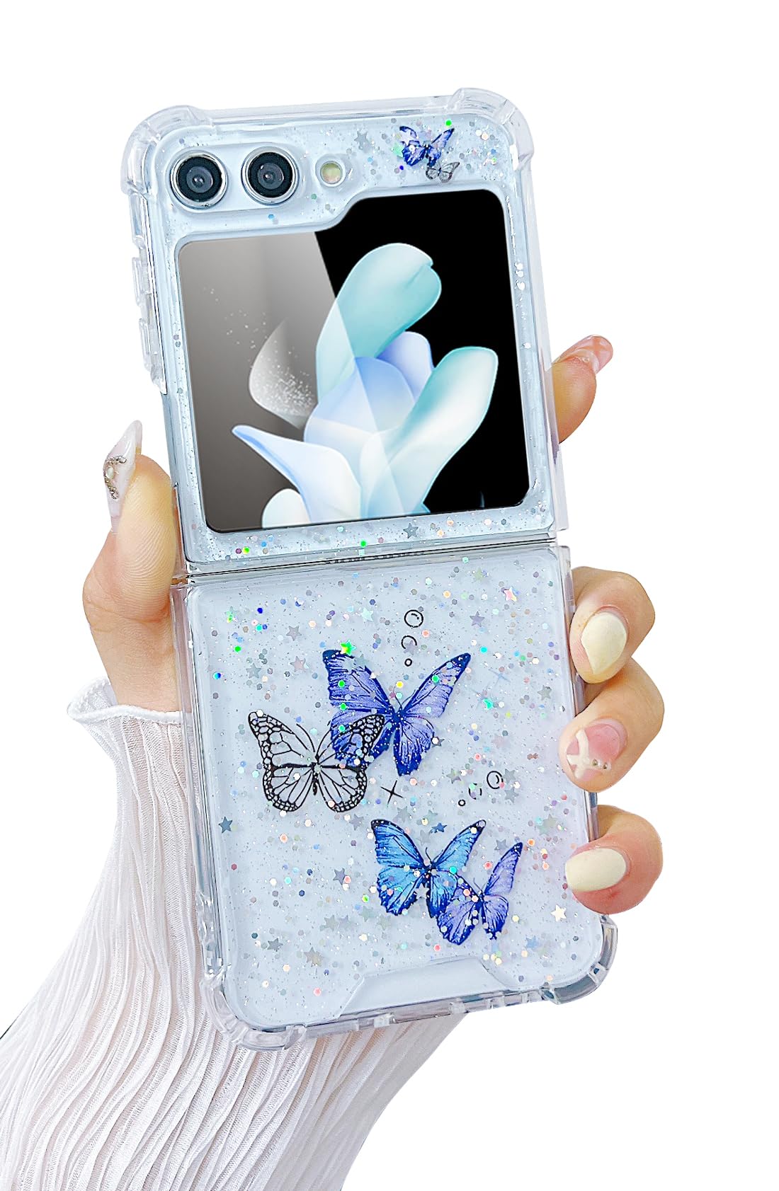 Photo 1 of MUNDULEA Compatible with Samsung Galaxy Flip 5 Case Clear Butterfly Purple Women Girls TPU Sparkle Glitter Shockproof Phone Cover for Galaxy Z Flip 5 (Butterfly Purple)