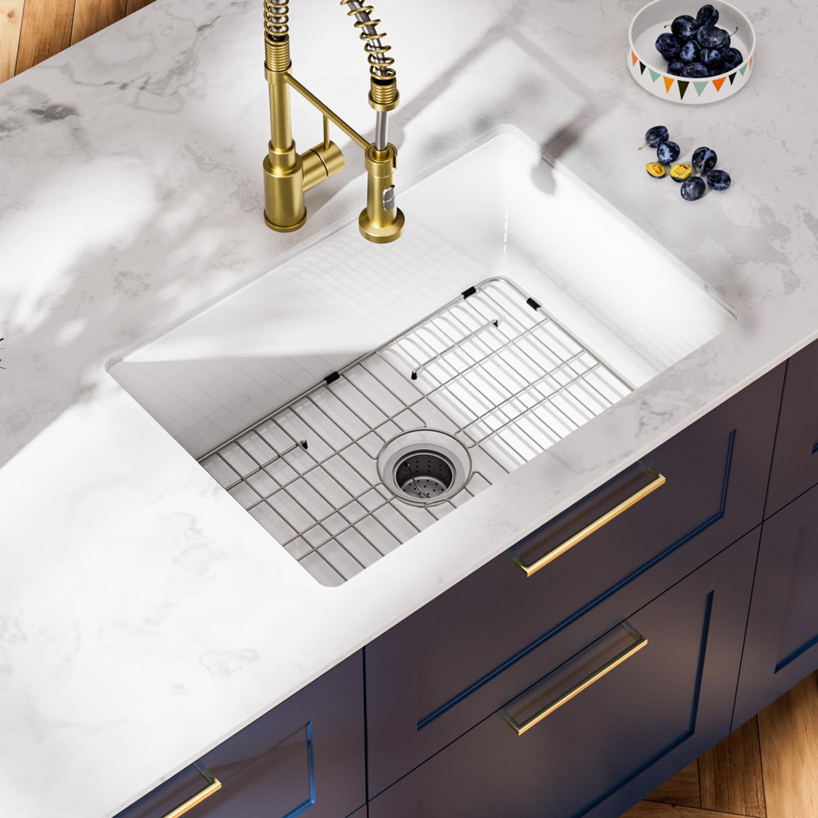 27 Inch White Undermount Kitchen Sink - Fireclay Single Bowl Deep Basin (27"x19"x10") - View #4