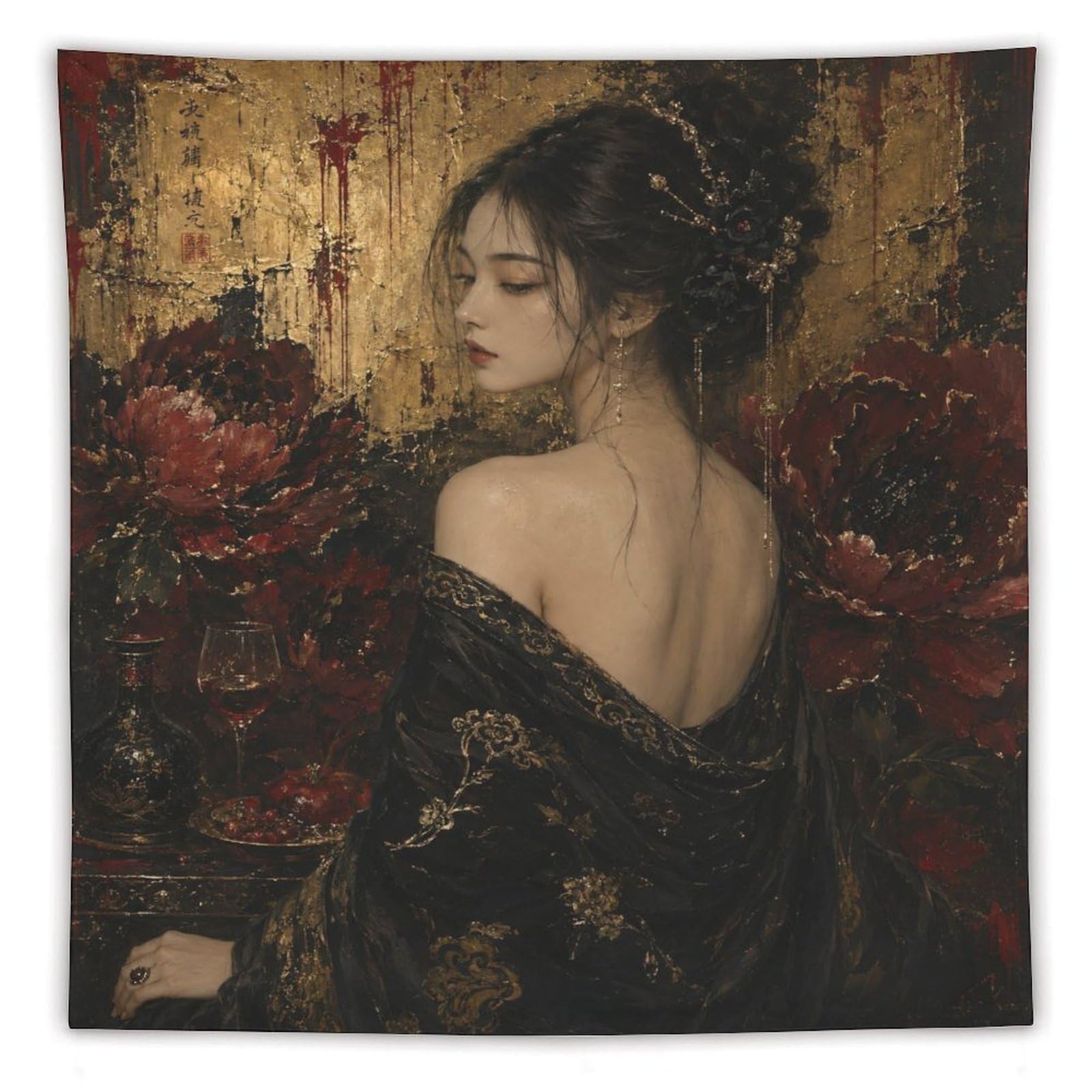 H3B8U2Y5 Red Poppy Woman Oil Style Wall Tapestry, Impressionist, Sofa Area