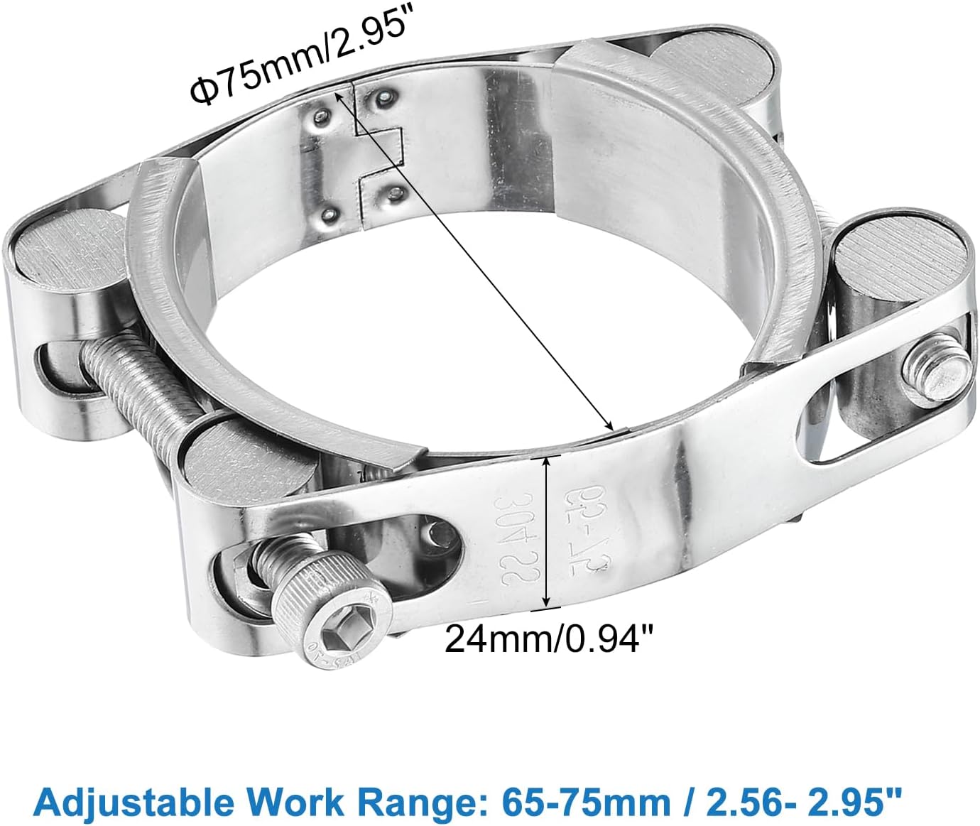 Hose Clamp with T-Screw, 304 Stainless Steel for Intake Soft Hose, Adjustment Range 65-75mm for 2.95" Hose ID, T-Type Clamps Silver