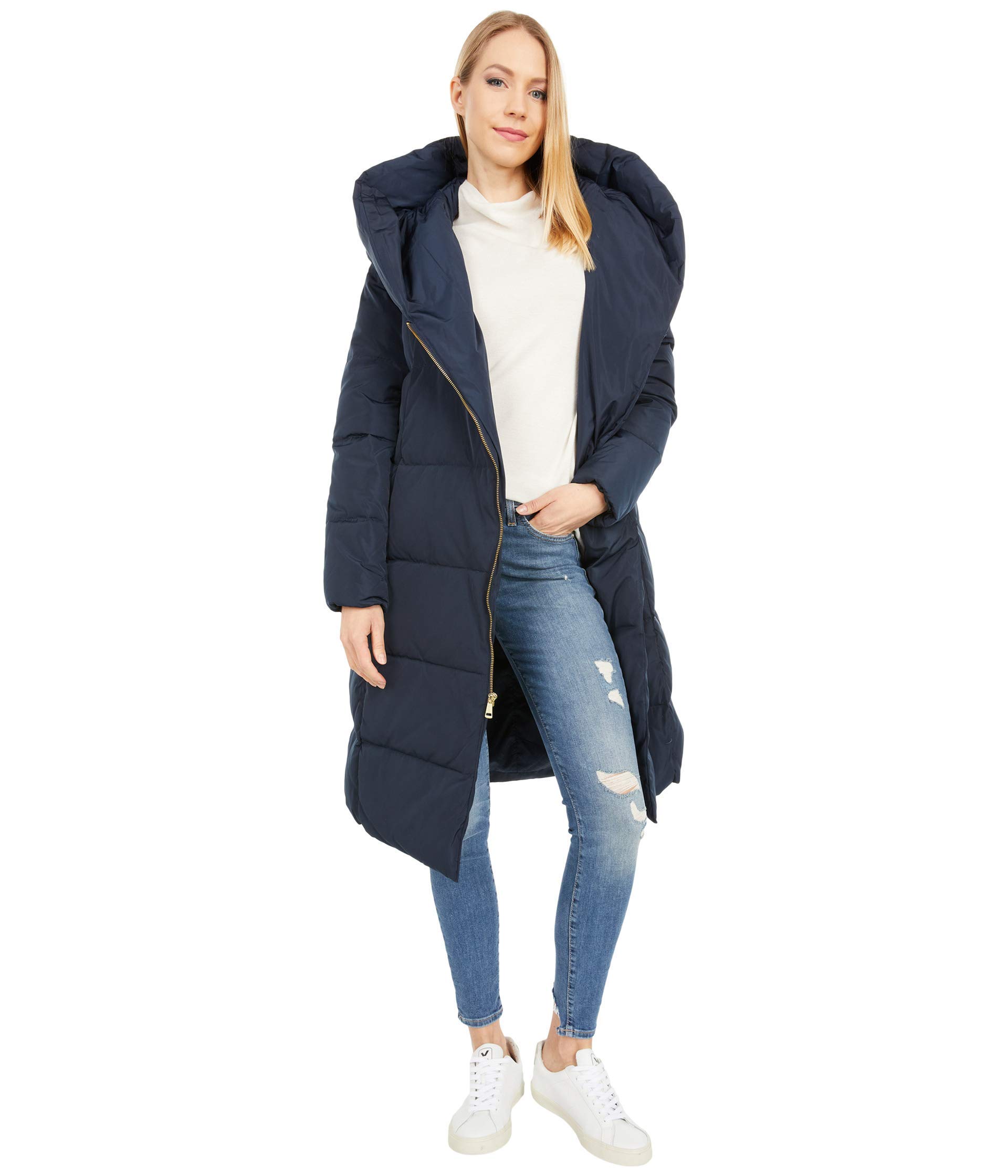 Cole Haan Women's Taffeta Down Double Breasted Zip Front Coat, Navy, Large,357SD394