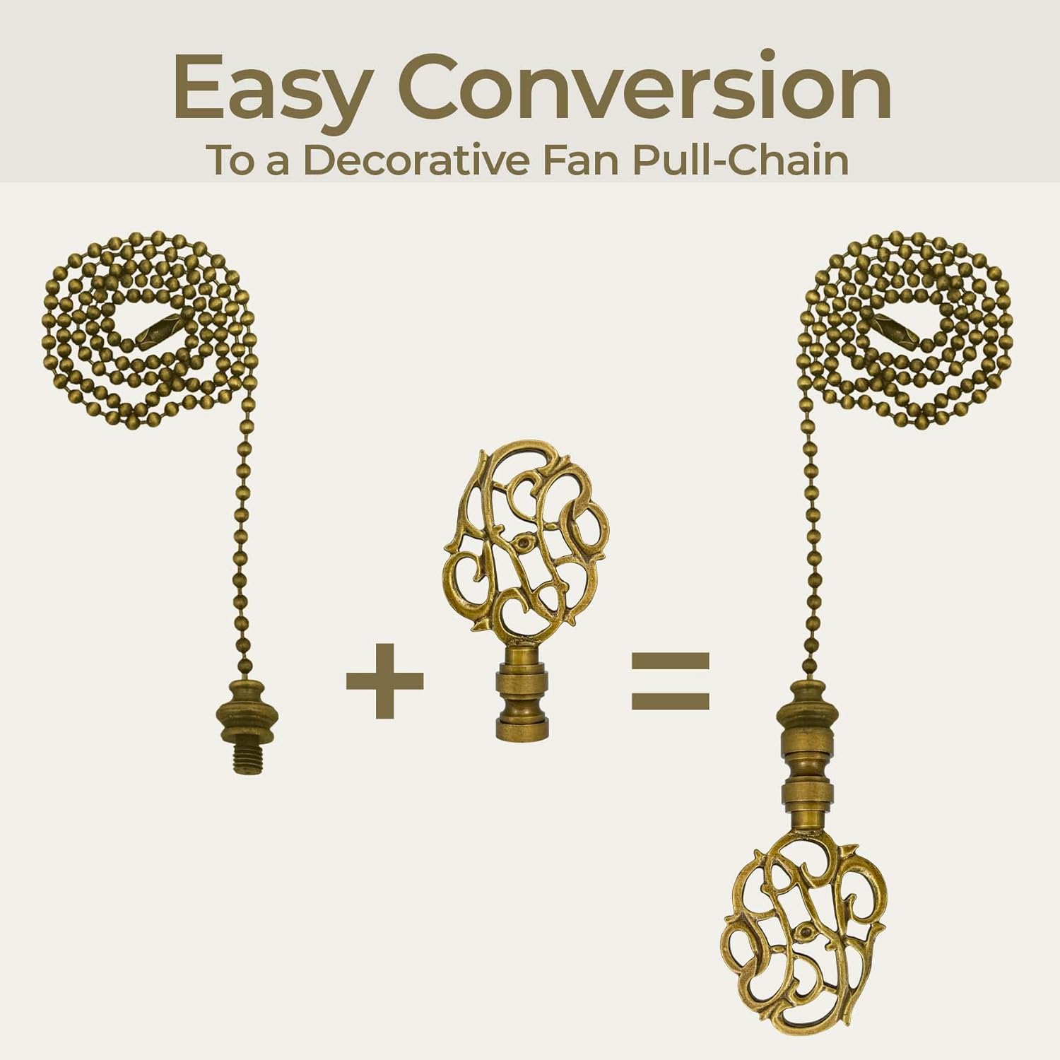 Royal Designs, Inc. Hand Carved Caste Floral Finial with Fan Pull Chain, Antique Brass - Pack of 2