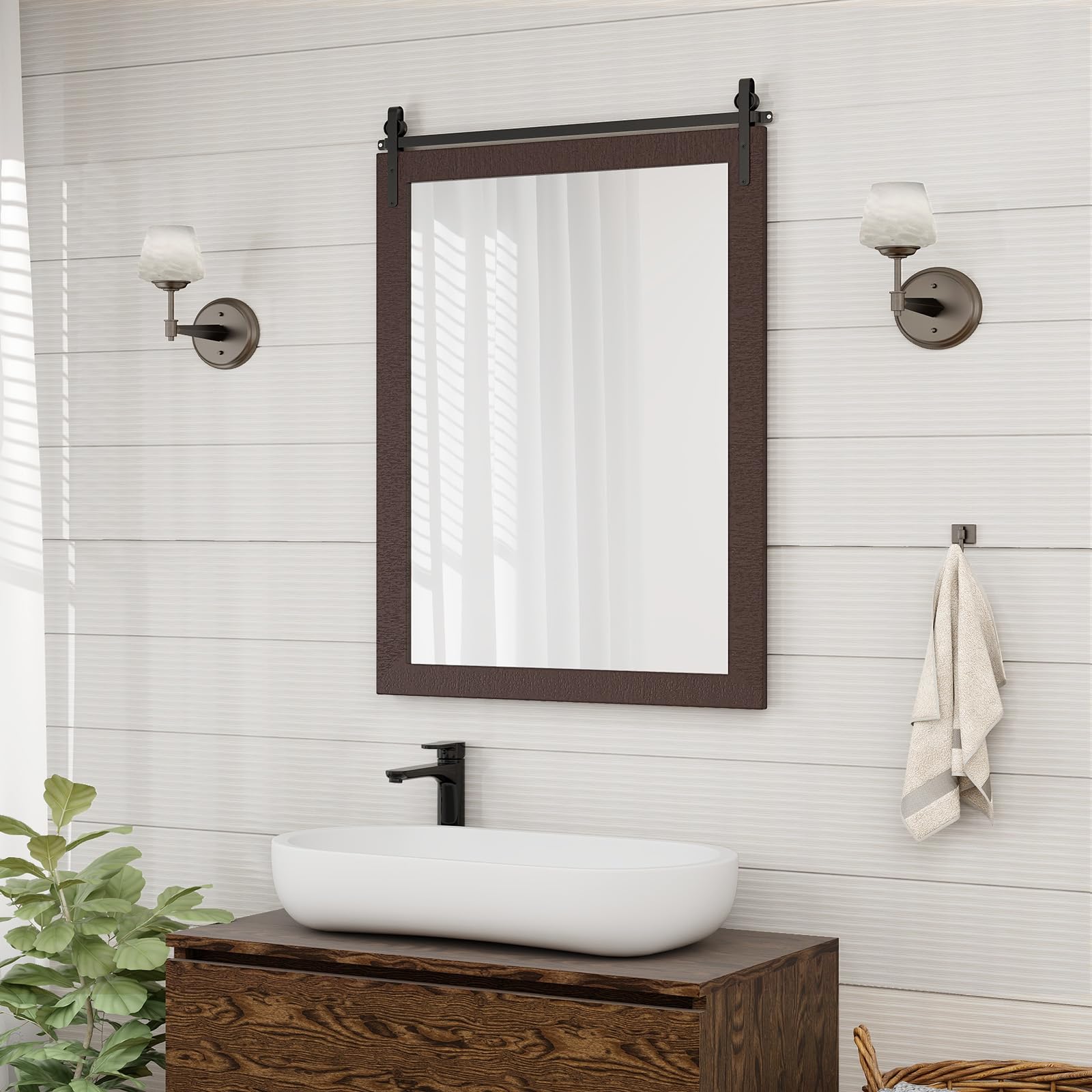 LIFEZEAL Espejo de Pared 76,5 x 57 cm, Espejo Rectangular con Marco de Madera y Soporte de Metal, Colgante Vintage para Cuarto de baño, Pasillo, salón (marrón Oscuro)