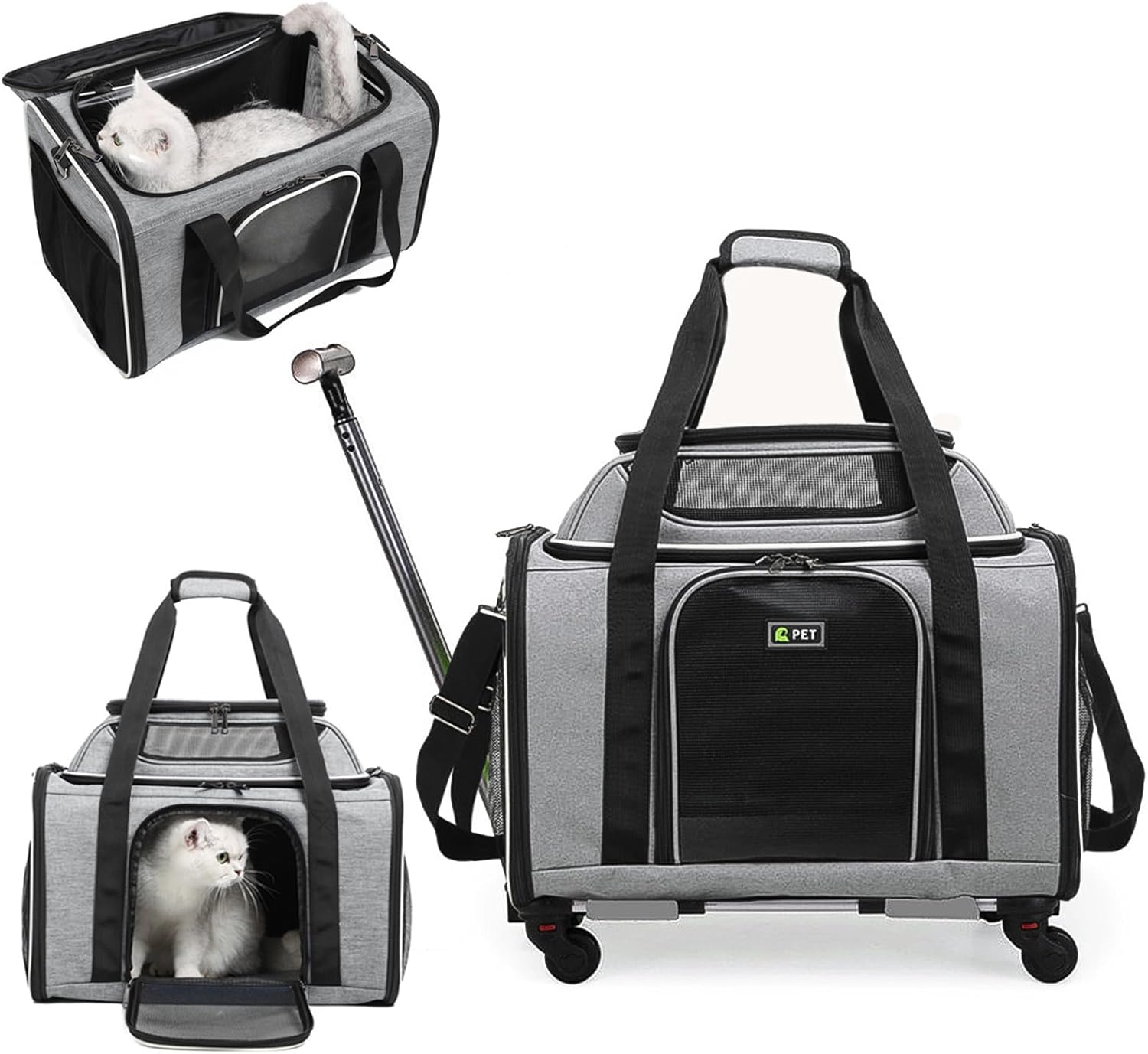 PETCUTE Large Dog Cat Carrier with Wheels,Foldable Rolling Pet Carrier for Cat Dog Under 18 lbs,Breathable Cat Carrier Travel Bag with Telescopic Handle and Mesh Pocket for Outdoor Walking Travel