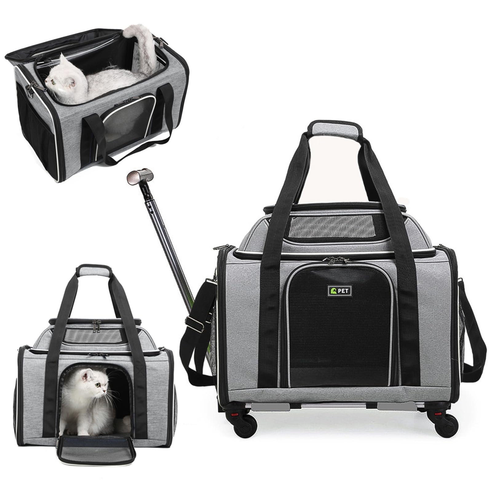 PETCUTE Transportín Perro Gato Mascotas,Transportín Transpirable para Mascotas con Ruedas,Plegable Bolsa Transporte de Viaje para Gatos con Asa Telescópica,Alfombrilla Extraíble,Carga de 8.5kg