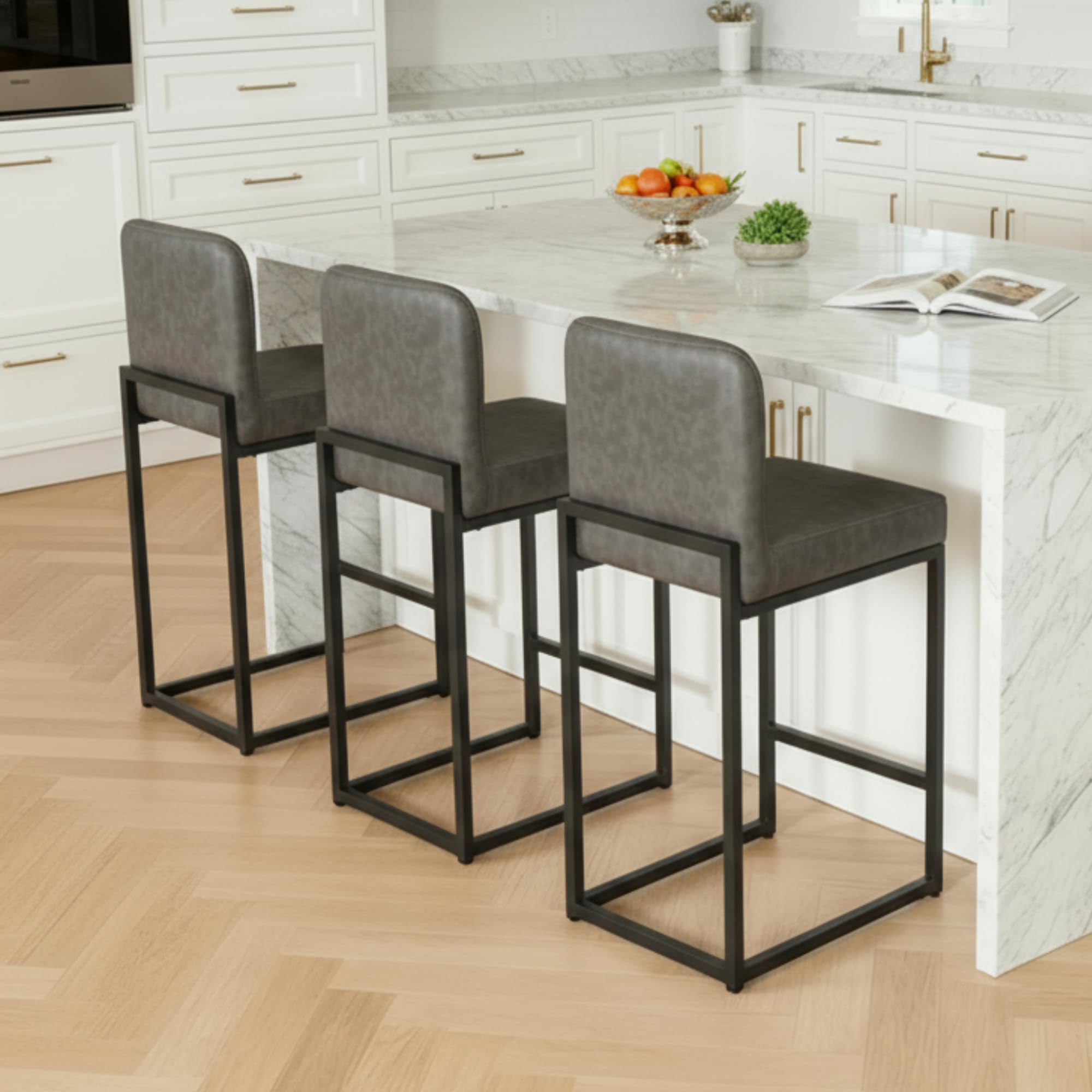 MAISON ARTS Faux Leather Bar Stools Set of 3, 24 Inch Counter Height Barstools with Back, Metal Legs, Footrest, Modern Upholstered Bar Chairs for
