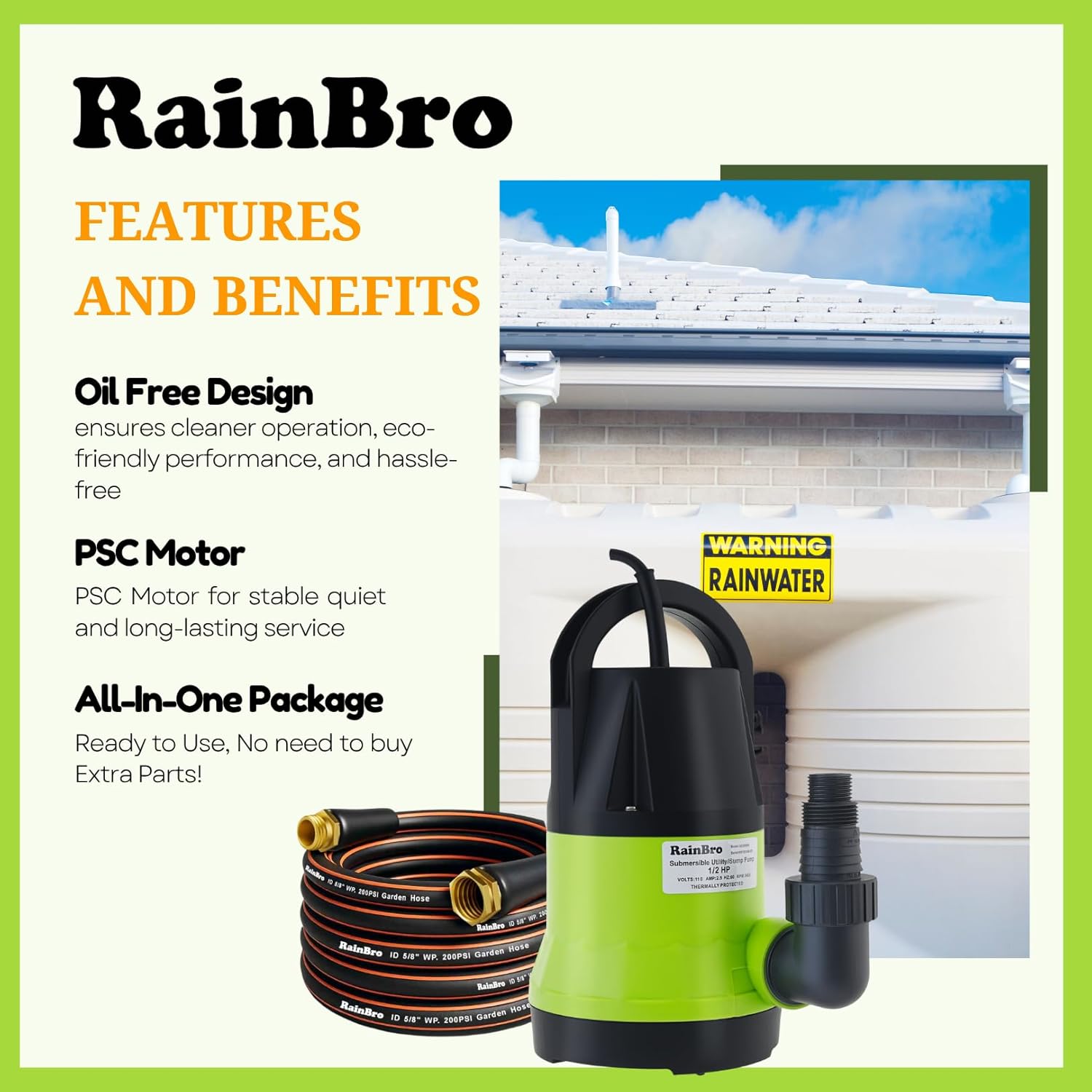 Submersible Sump Pump, 1/2 HP Sump Pump with 10ft Drain Hose Kit & 25ft Power Cord, Portable Submersible Water Pump for Pool Draining, Hot Tub, Basement Flood Removal, Garden Irrigation