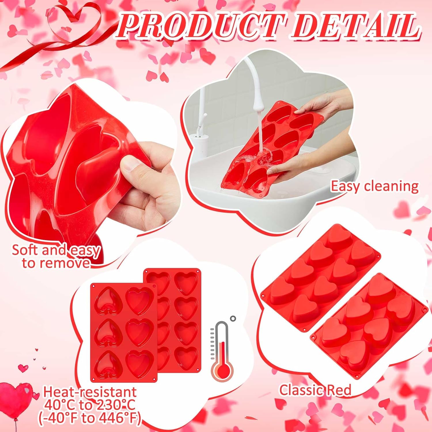 4 Pcs Heart Shaped Silicone Mold for Baking Chocolate Jelly Pudding Valentine Cupcake Pans 8 Grid 6 Grid Silicone Molds for Brownie Cupcake Cookies Candy Ice Cube Soap - Image 3