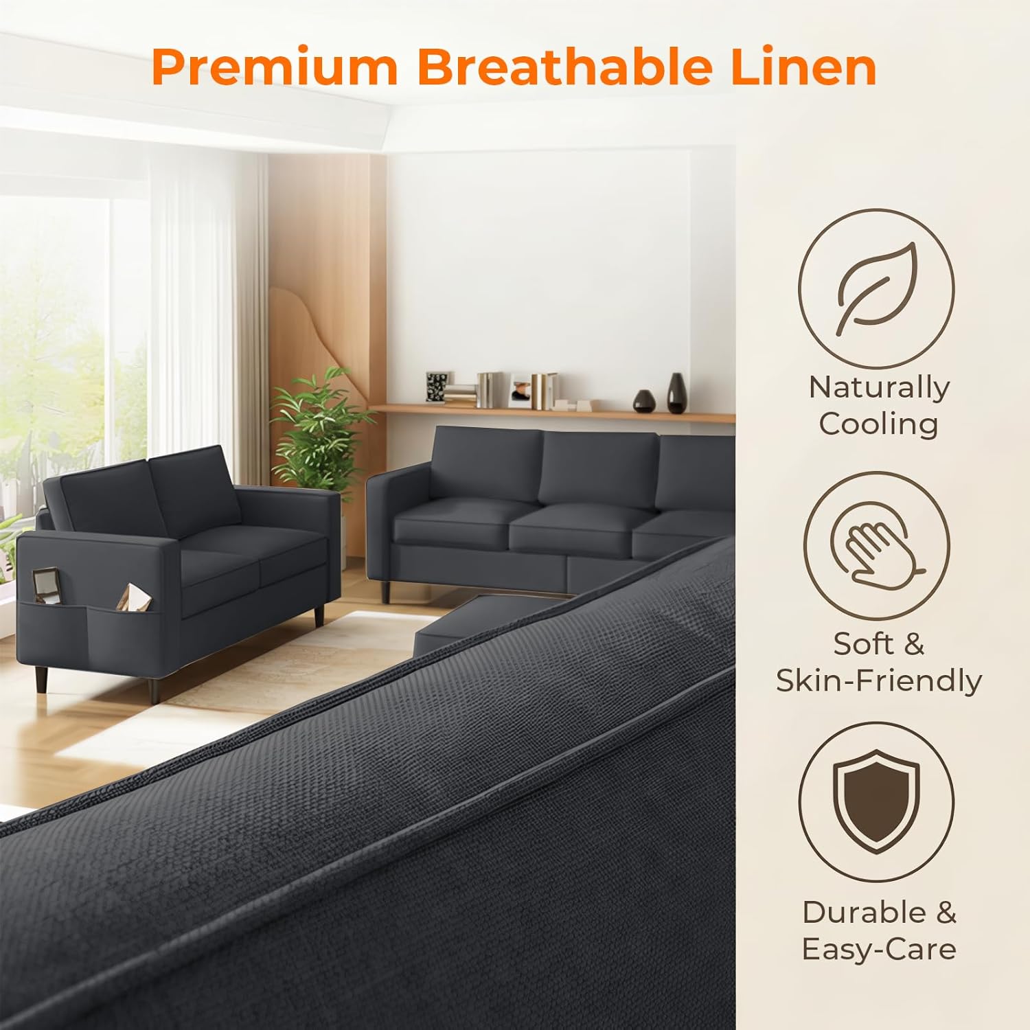 ijuicy Modern 6 Seat Sectional Sofa Set with Movable Storage Ottoman/Side Pockets, 3Pcs Couch Set for Living Room Furniture,3 Seat Living Room Couch & Loveseat & Armchair(3+2+1,Dark Grey)