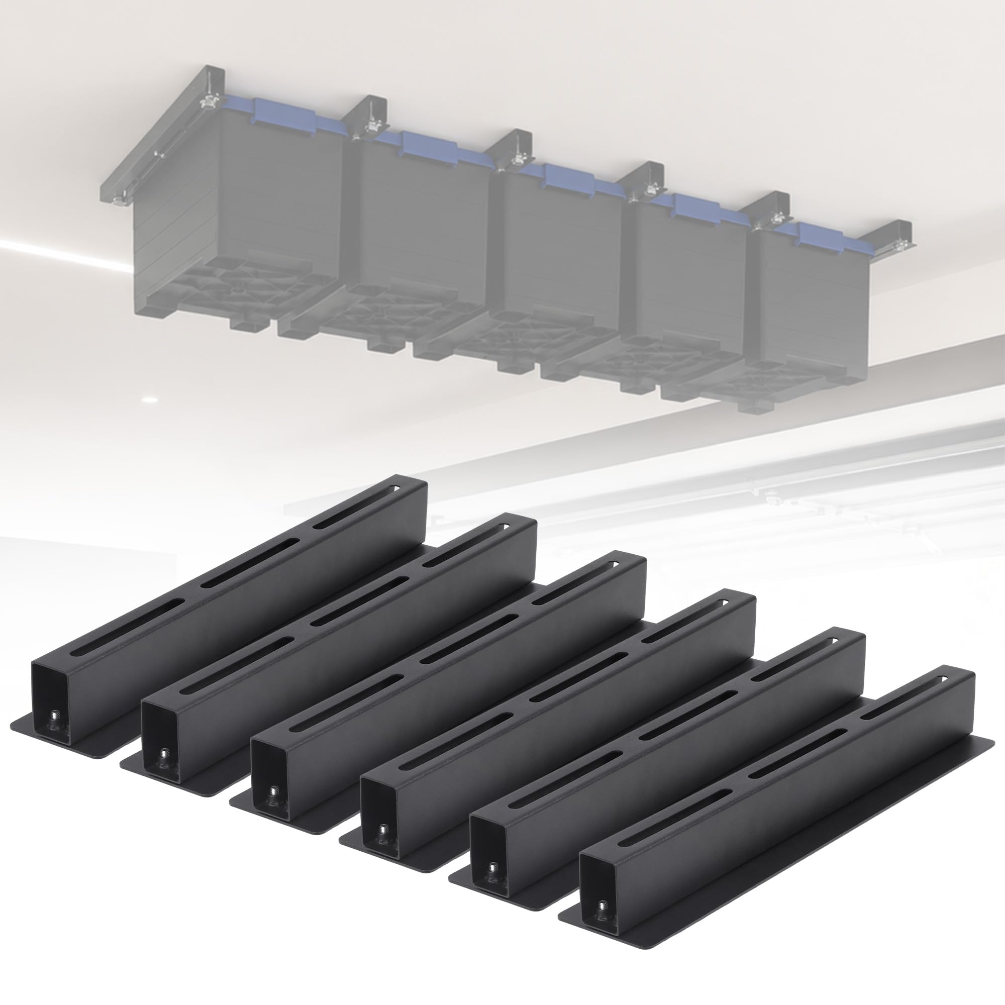 Garage Ceiling Storage Racks for 5 Bins, 17" Heavy Duty Steel Rails, Overhead Garage Storage Rack for 27 Gallon Totes, Powder Coated Tote Rack for Garages, Sheds, Storerooms