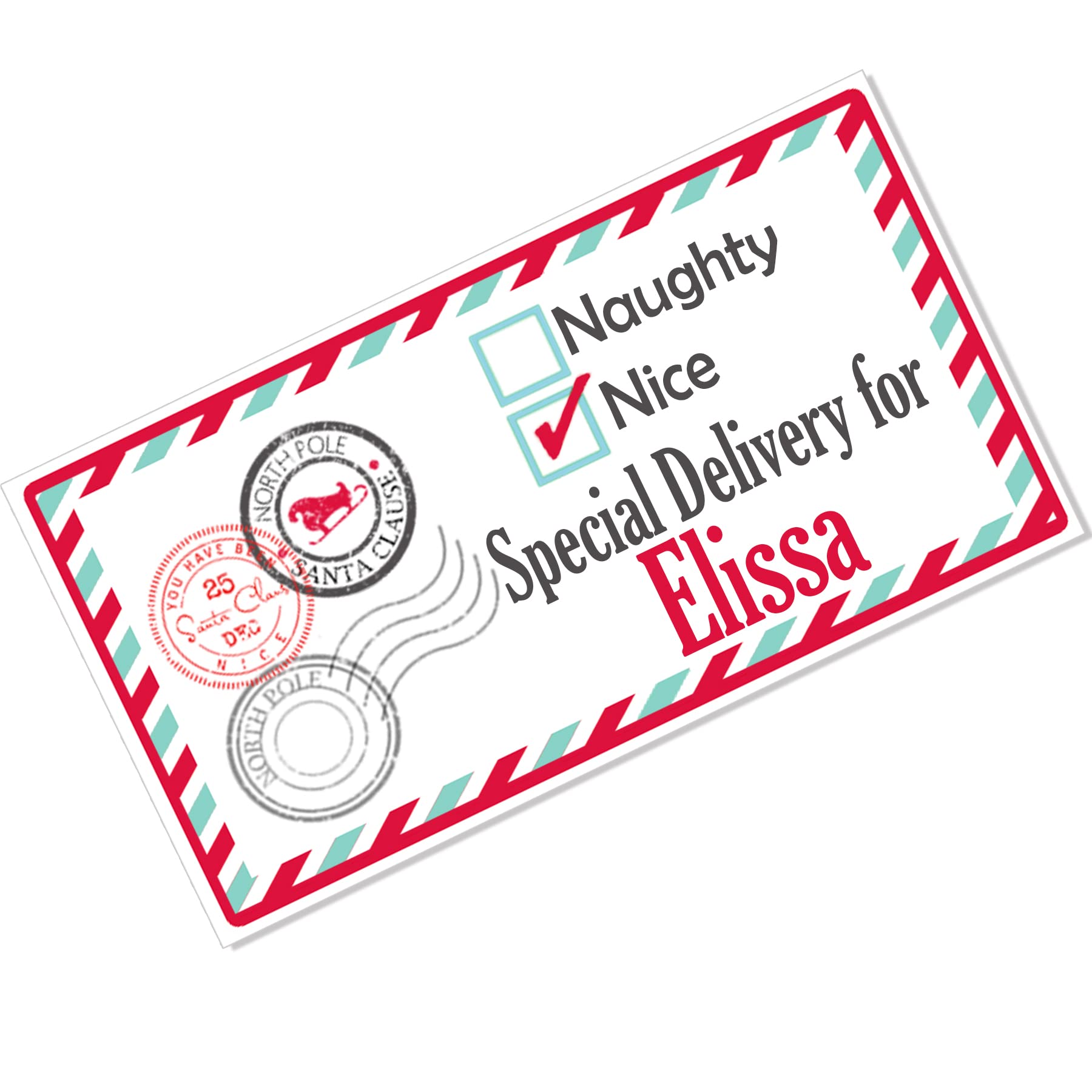 Treasured Forever 24 Personalised Christmas Stickers Gift Tag Labels Present Delivery From Santa Naughty Or Nice (Rectangle)