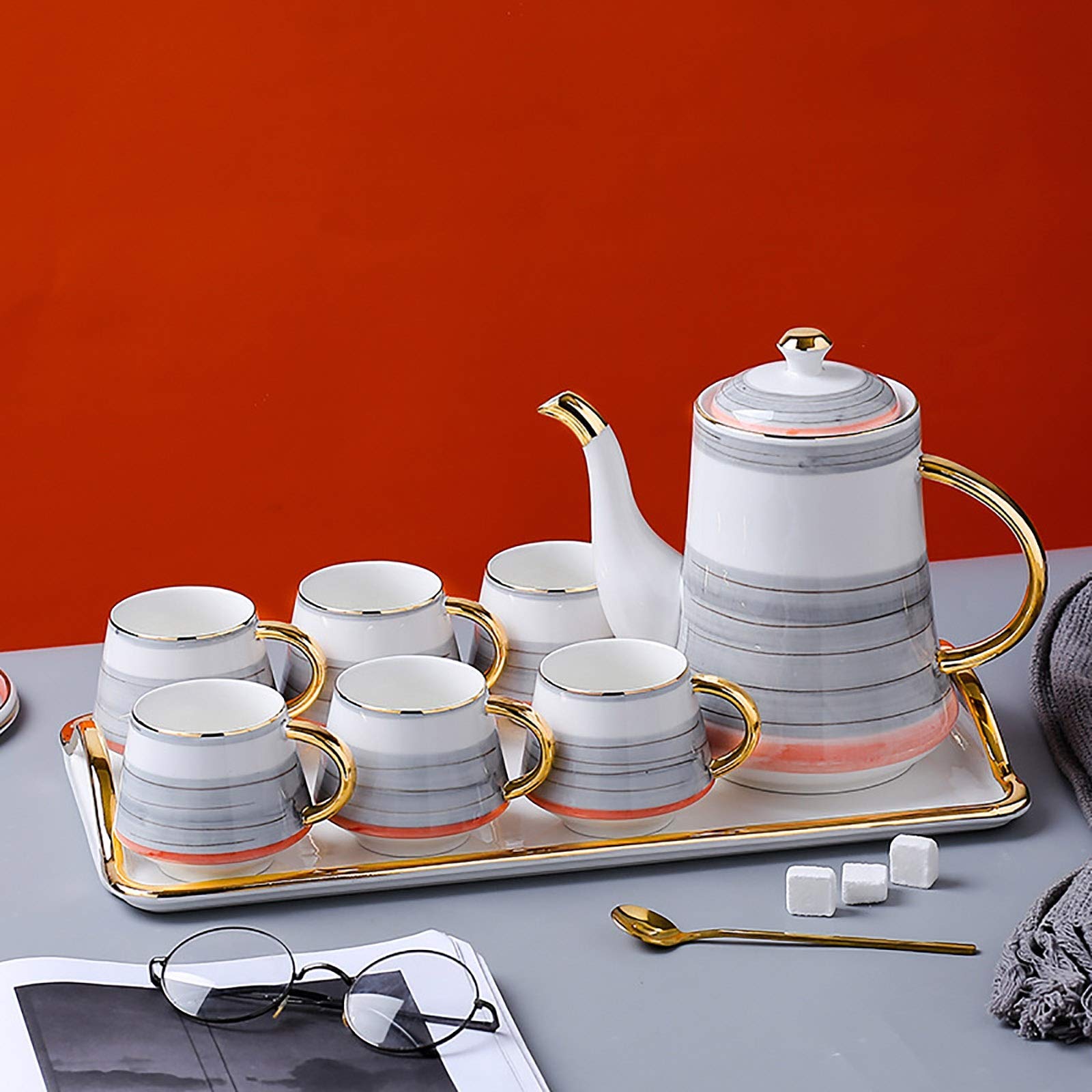 Zestaw filiżanek do espresso, kubki kawy, herbata nordycka ceramiczna kreatywna filiżanka gospodarstwa domowego popołudniowy kwiat zestawy czajników, szary-1.4L
