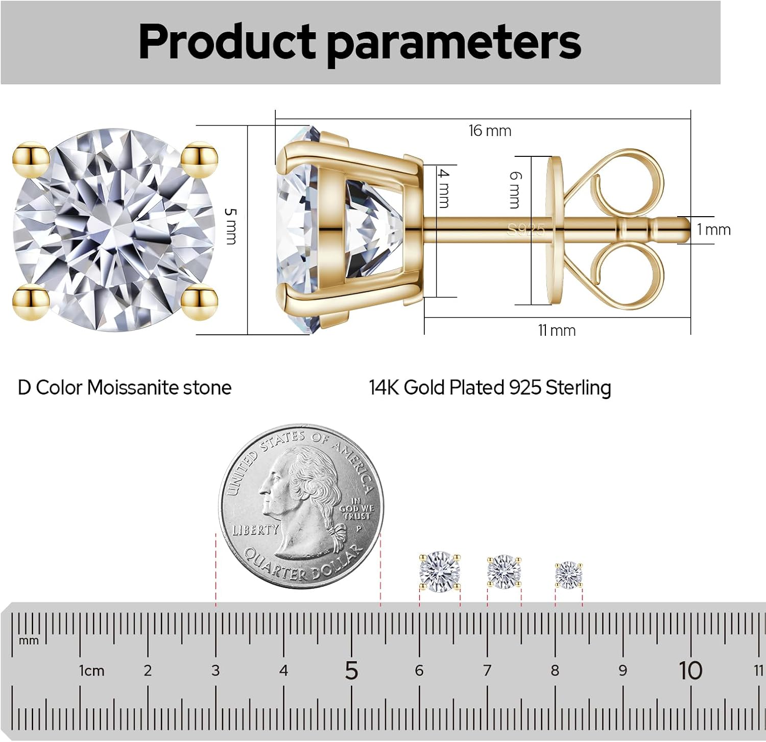 Earrings for Women, Moissanite Diamond Yellow Gold Earrings for Mom, S925 Sterling Silver Earrings, Hypoallergenic Stud Earrings for Women - Image 3