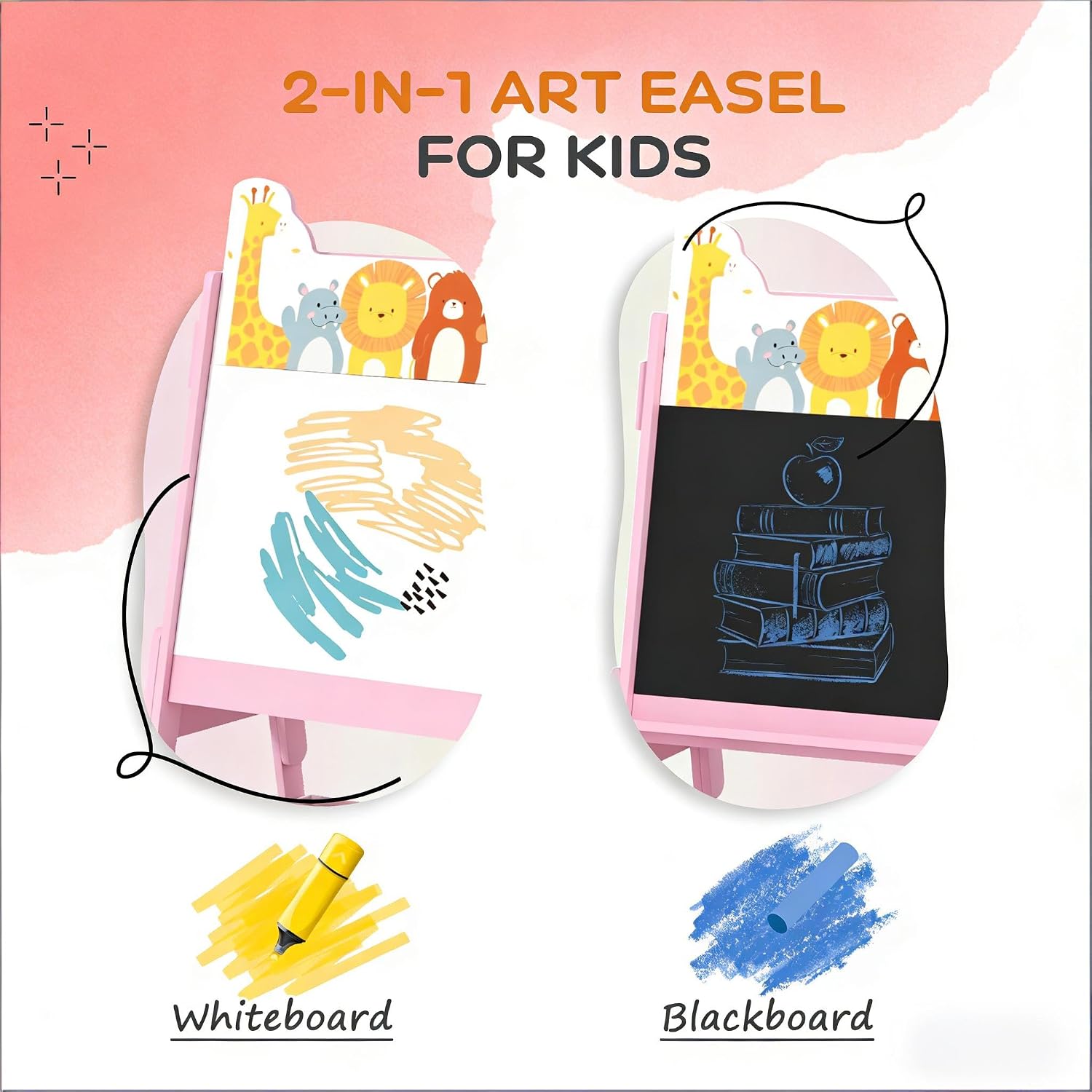 Wooden Art Easel for Kids – Double-Sided Toddler Easel with Blackboard & Whiteboard, 2 Storage Bins for Art Supplies, MDF Construction, Drawing and Painting Easel for 3-8 Years Old Boys and Girls
