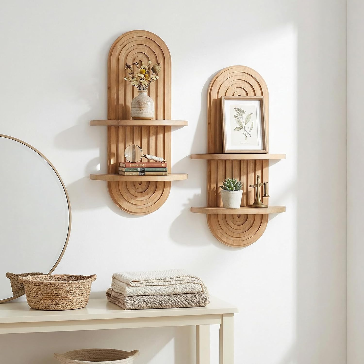 2 Pcs Boho Wall Shelf Rainbow Arch Wooden Floating Shelf Mid Century Bohemian Hanging Holder Double Vintage Wall Mount Altar Decor for Bedroom 16.7 x 5.9 Inches(Brown)