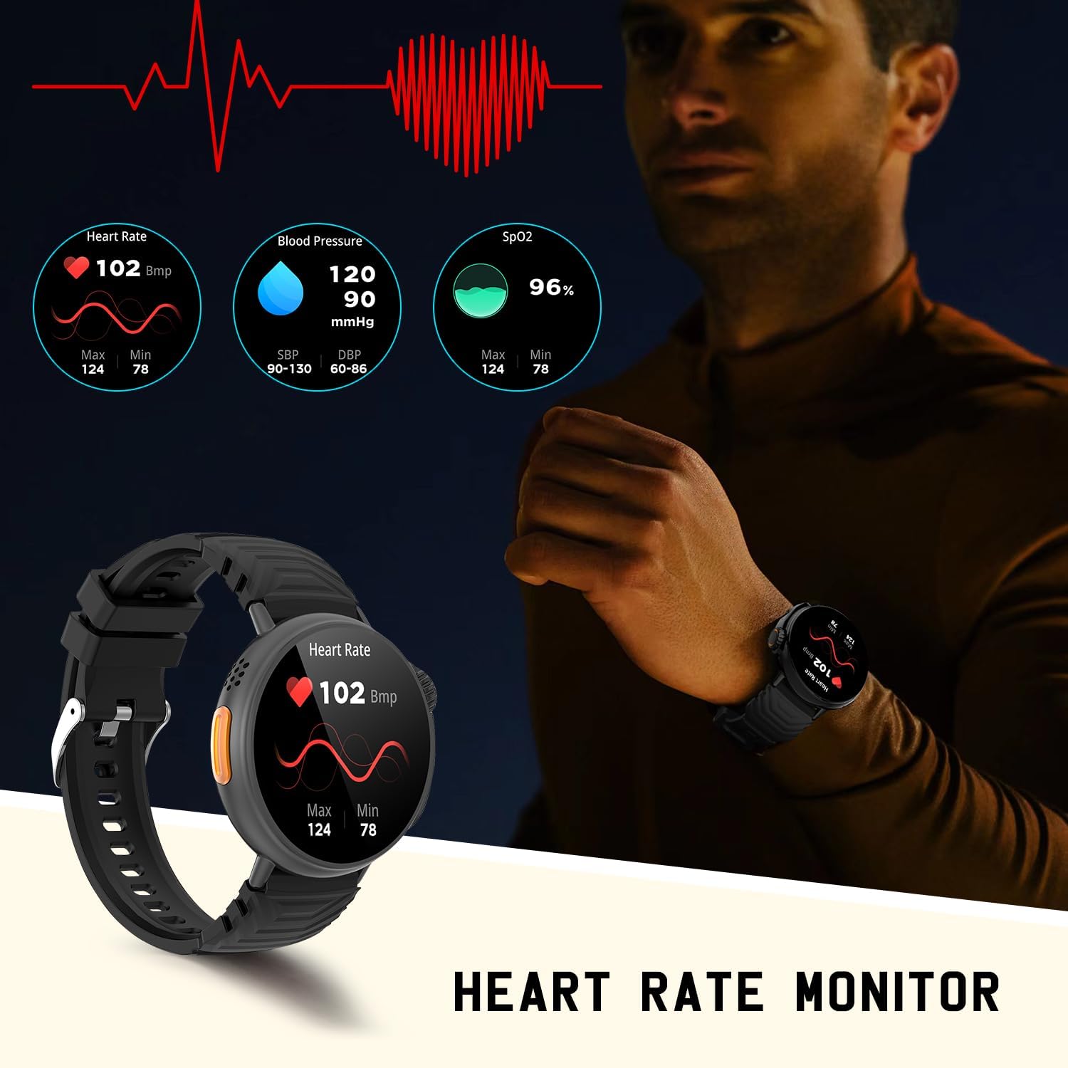 Image showing a smartwatch displaying heart rate, blood pressure, and SpO2 readings, with a graphic representation of a heartbeat.