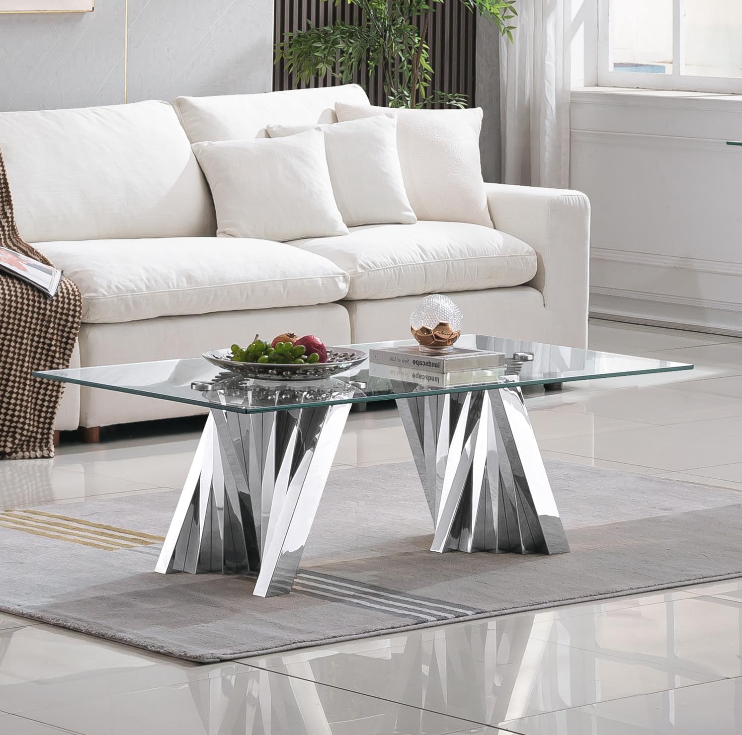 51 inch Rectangle Cocktail Table with Silver Stainless Steel Pedestal, Rectangular Tempered Glass Coffee Table, Mid Century Modern Coffee Tables, Luxury Sofa Center Tables Living Room Table