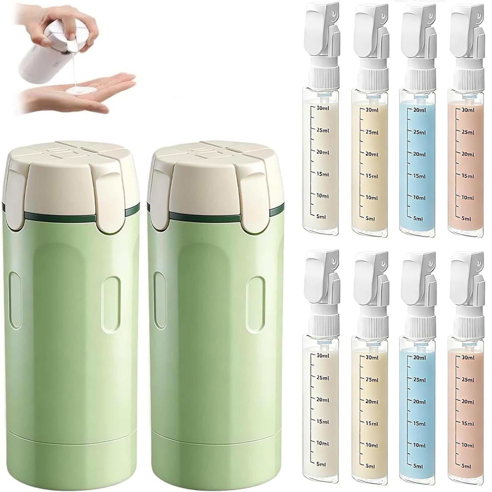 4-in-1-Reiseflaschenspender, 4 Stück, 30 ml, Reiseflaschen für Toilettenartikel, auslaufsichere Behälter in Reisegröße, tragbare Behälter für Shampoo, Lotion, Conditioner, Creme (2 x Weiß)