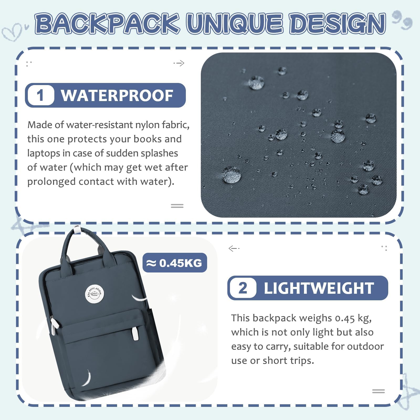 HYC00 Zaino Donna Scuola,Zaino Donna Casual Zaino Scuola Superiore Ragazza Zaino Università Zainetto Cartella, Impermeabile Zaino Porta PC 14 Pollici Zaino per Scuola Media Ragazza Ragazzi Backpack