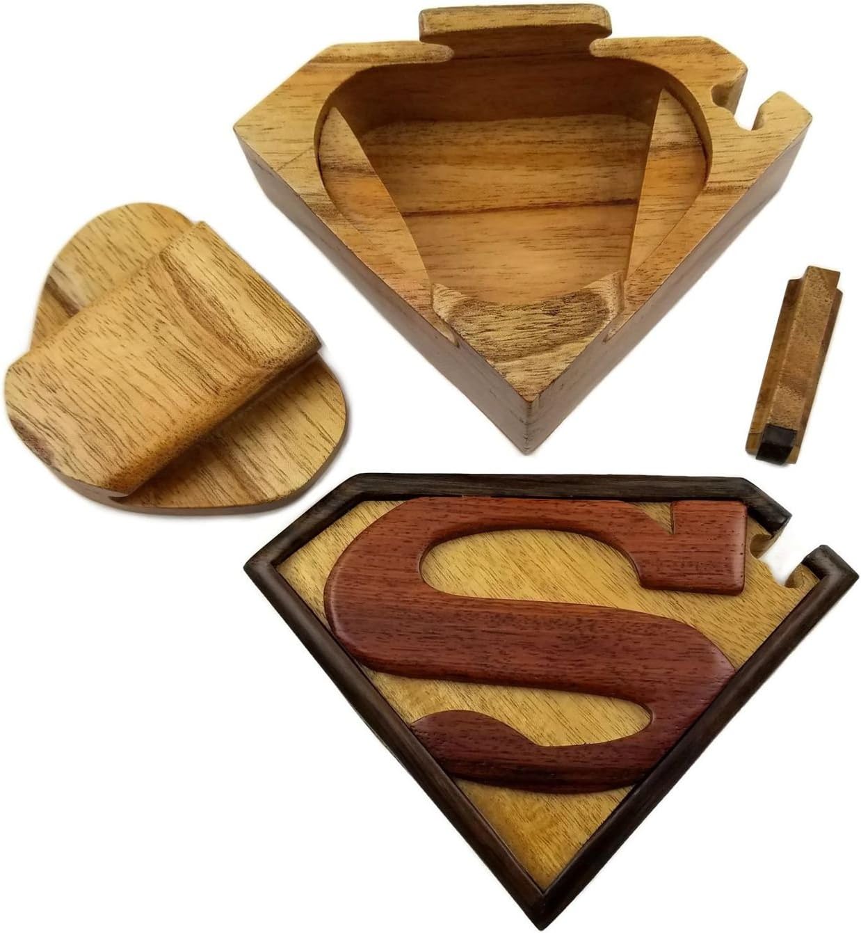 Featured Product Superman All Natural Exotic Woods Puzzle Box, 5.5 x 4 x 2.5 with Sliding Wooden Key Lock, Sliding Cover and Inner Lid to Hidden Compartment. Hand-made Wood Onlay Design on Lid.