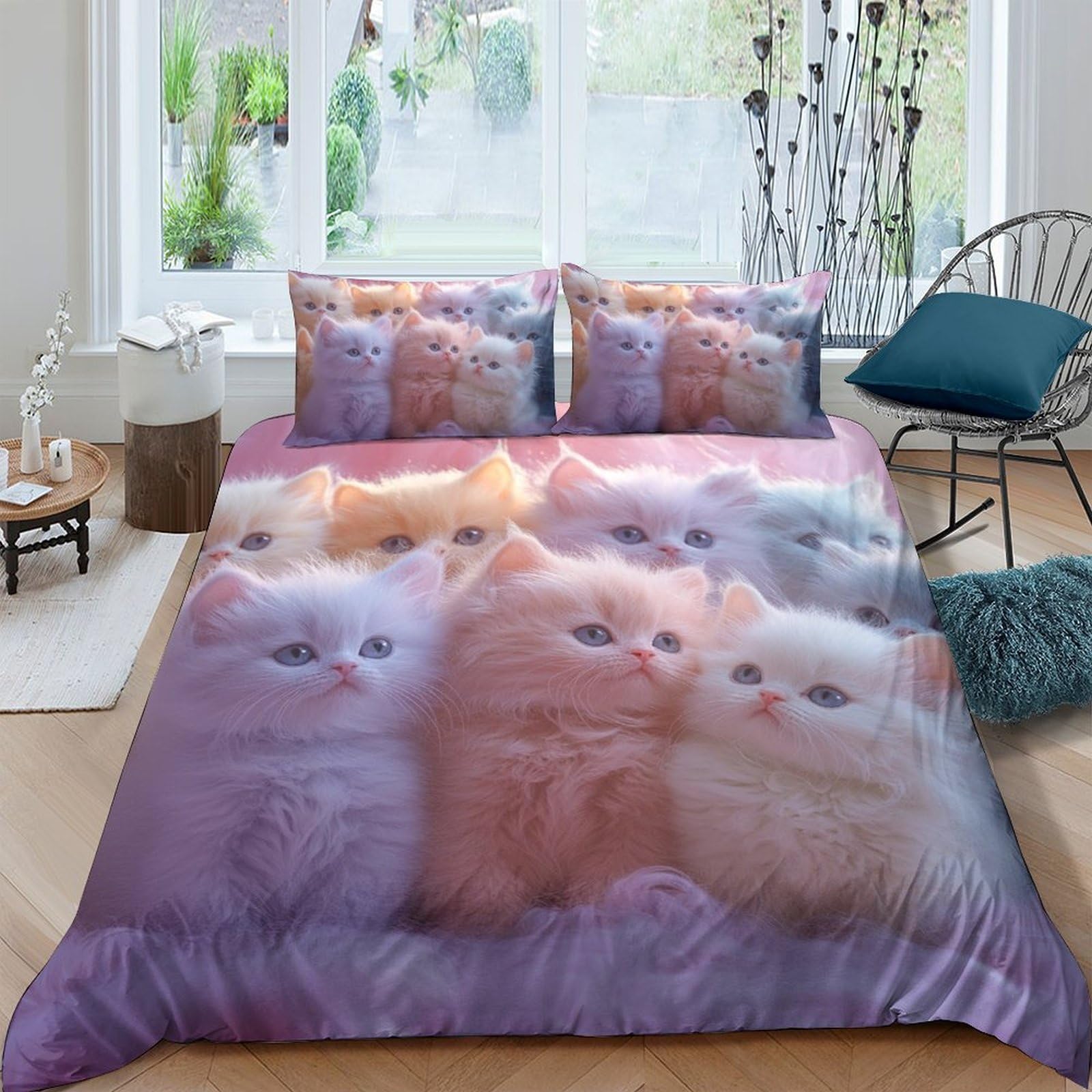 GPLZQXKJNH 3D Printed Fluffy Kitten Duvet Cover Microfiber Soft Pastel Cat Bedding Set with 2 Pillowcases for Bedroom Decor Single（135x200cm）