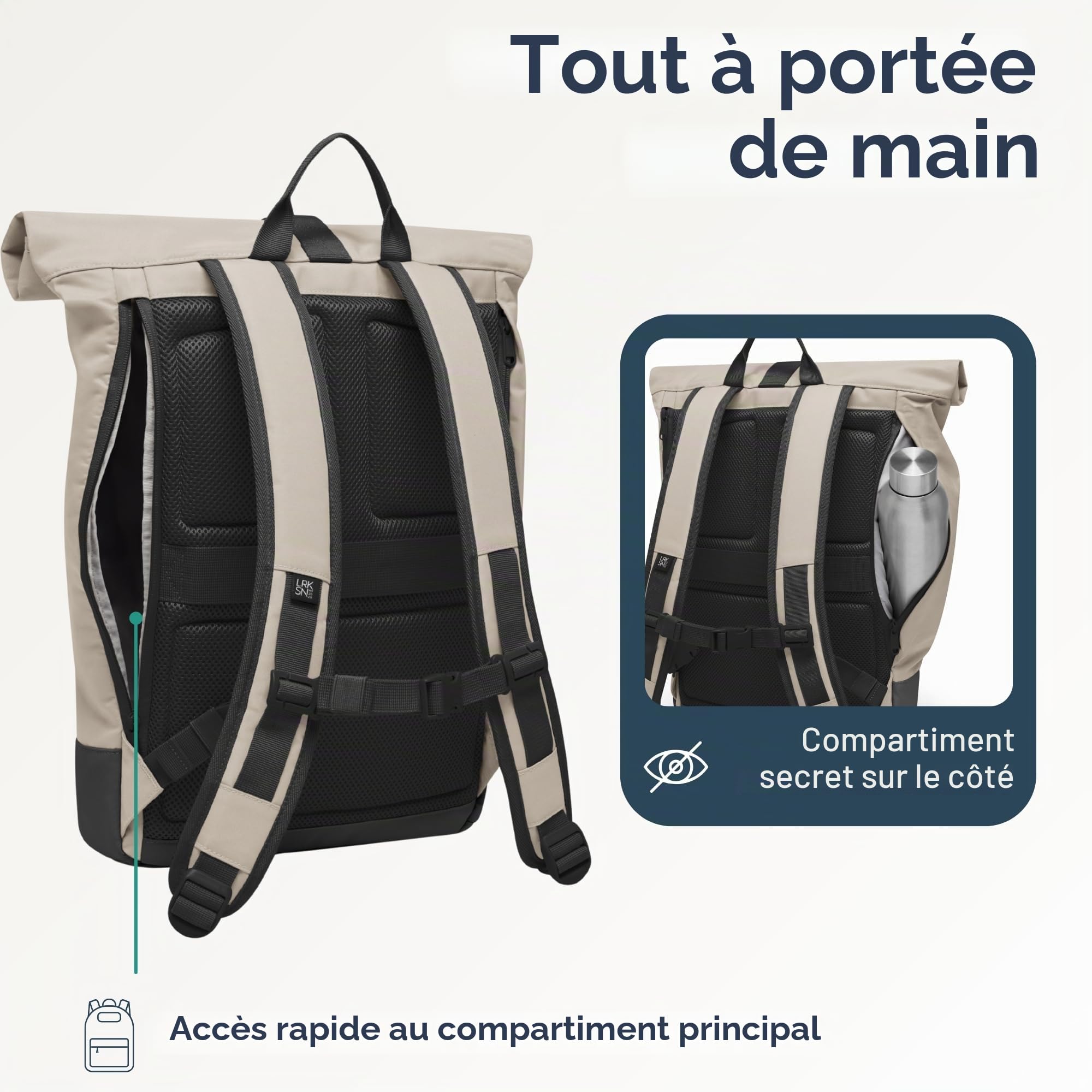 LARKSON Sac à Dos Femmes & Hommes Beige Gris - Janne - Sac à Dos Rolltop avec Compartiment pour Ordinateur Portable pour Université Travail Voyages & Vélo - Medium Backpack - Hydrofuge