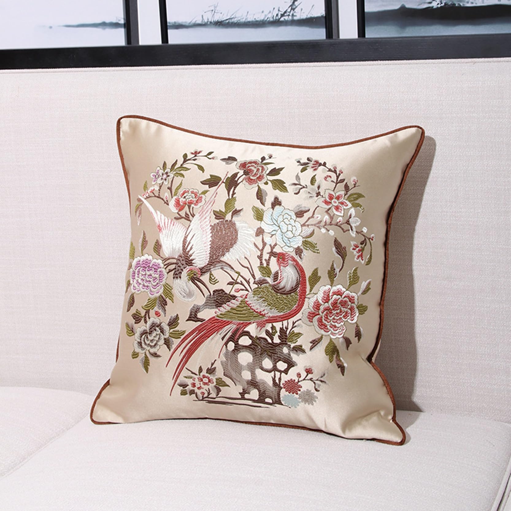 WABMJGW Birdsong and Floral Pattern Cushion Covers Set of 2,Decorative Throw Pillow Covers with Hidden Zipper,Comfortable Sofa backrest Square/Rectangular Pillow Cases(Beige,48x48cm)