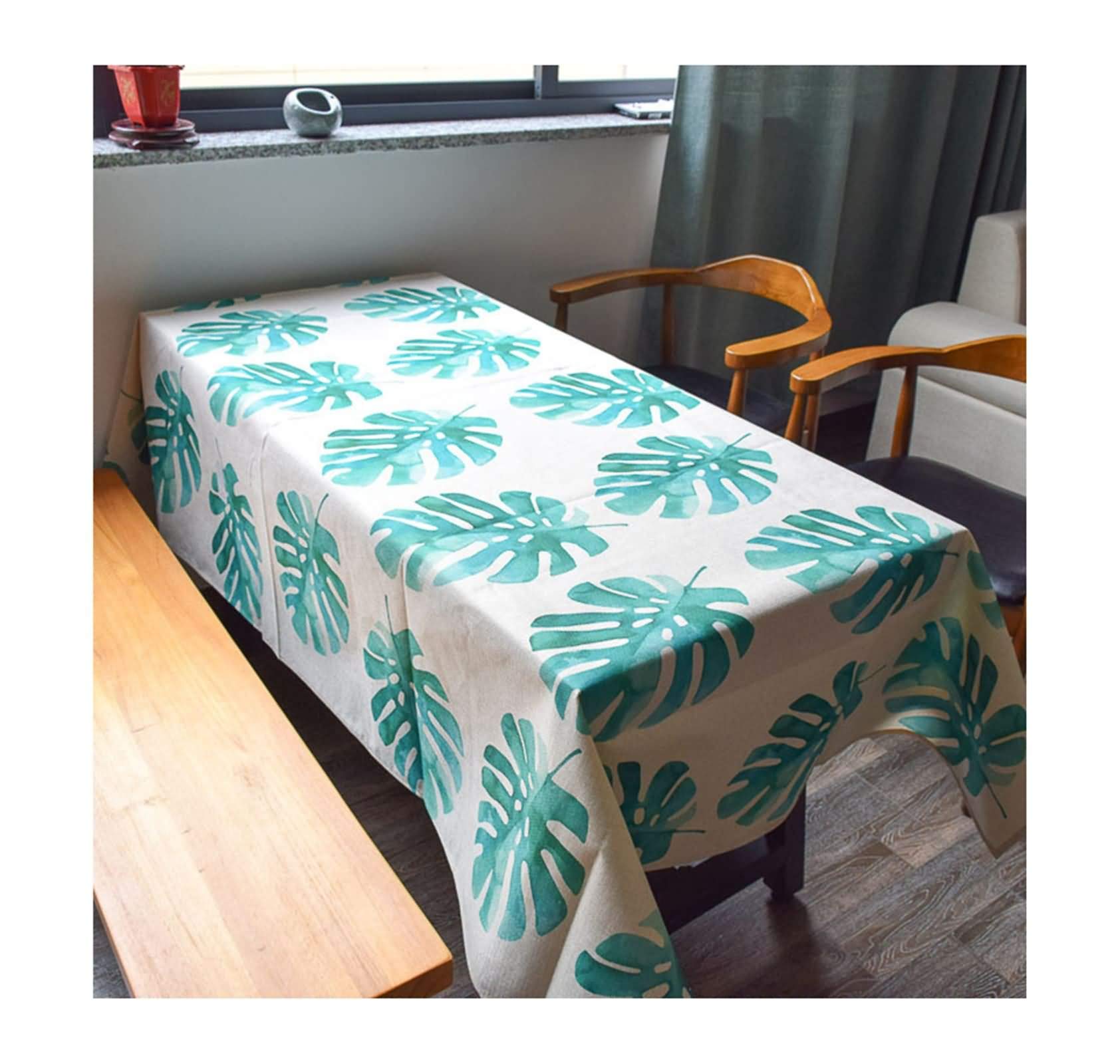 Nappe imprimé feuilles tropicaux 140x230cm coton lin nappe de table verte rectangulaire