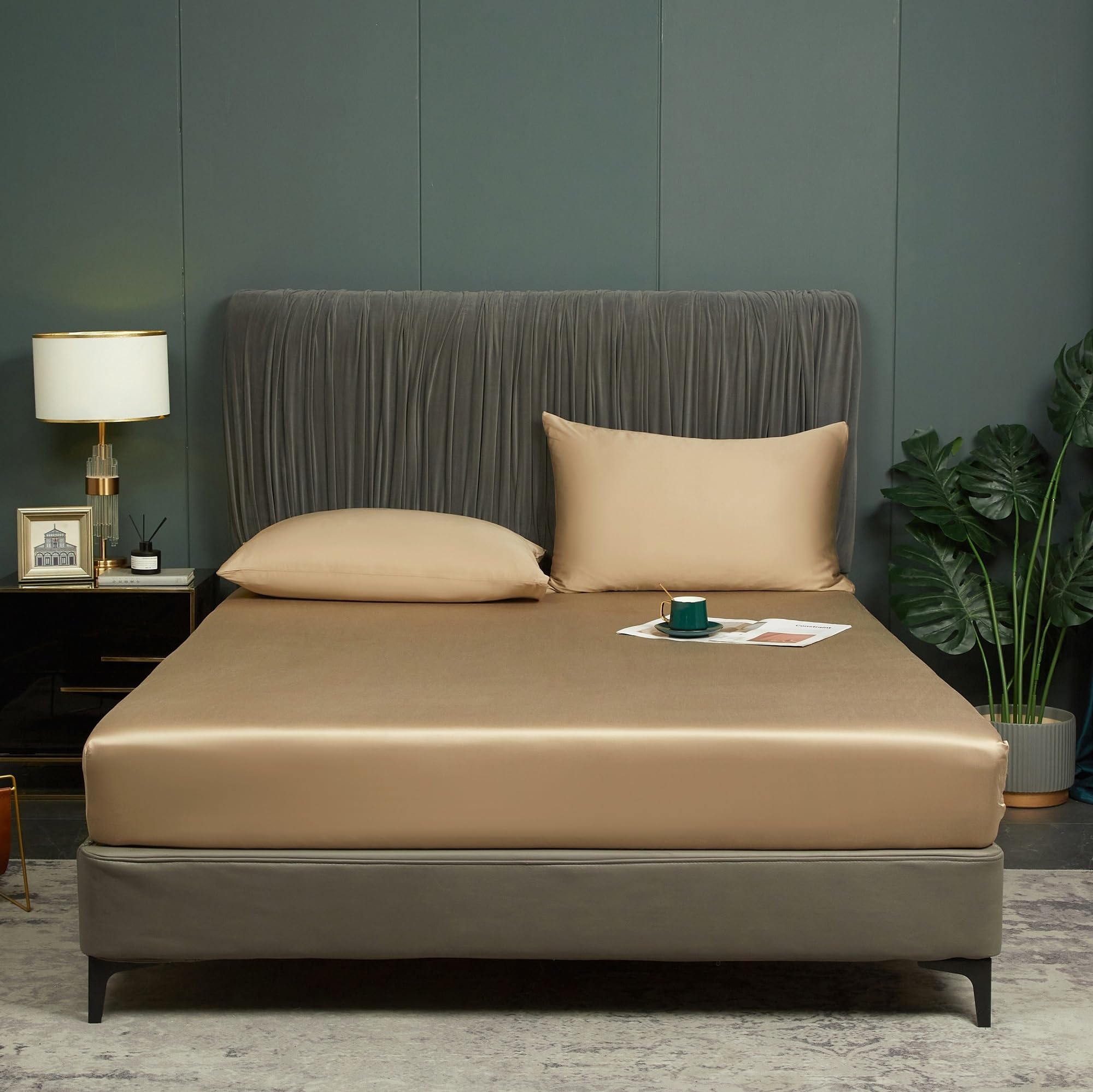 Luowei Spannbettlaken 180x200 cm Khaki Weich Luxus Bettlaken Boxspringbet aus Bambus Polyester Langlebig leicht zu reinigen Spannbetttuch für 25-30 cm höhe matratze