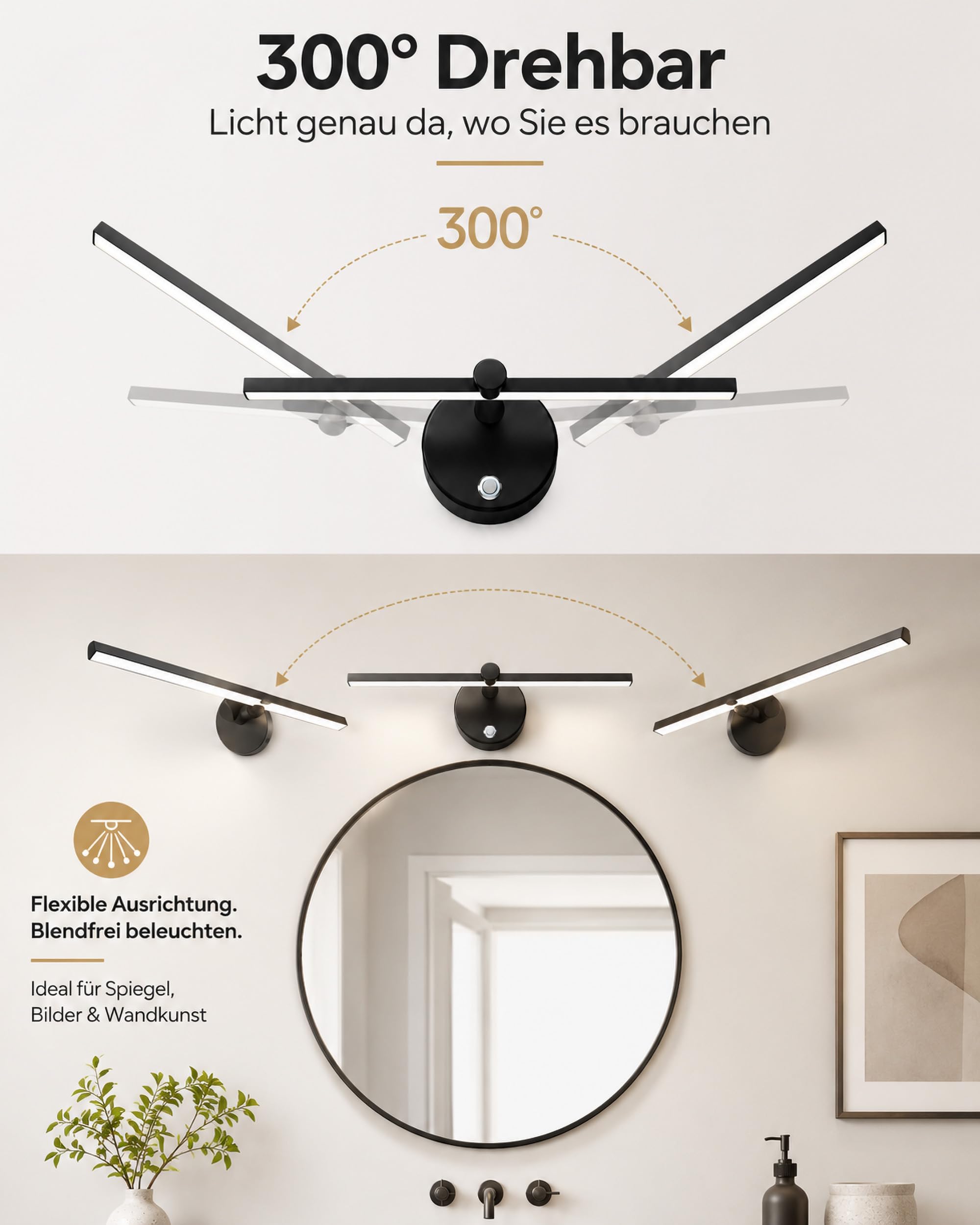 LANMOU Spiegelleuchte Bad mit Schalter, 41cm LED Spiegellampe Badezimmer Schwarz IP44, Touch Dimmbar, 5W 4000K Bilderlampe, 300° Drehbar Badlampe Spiegel