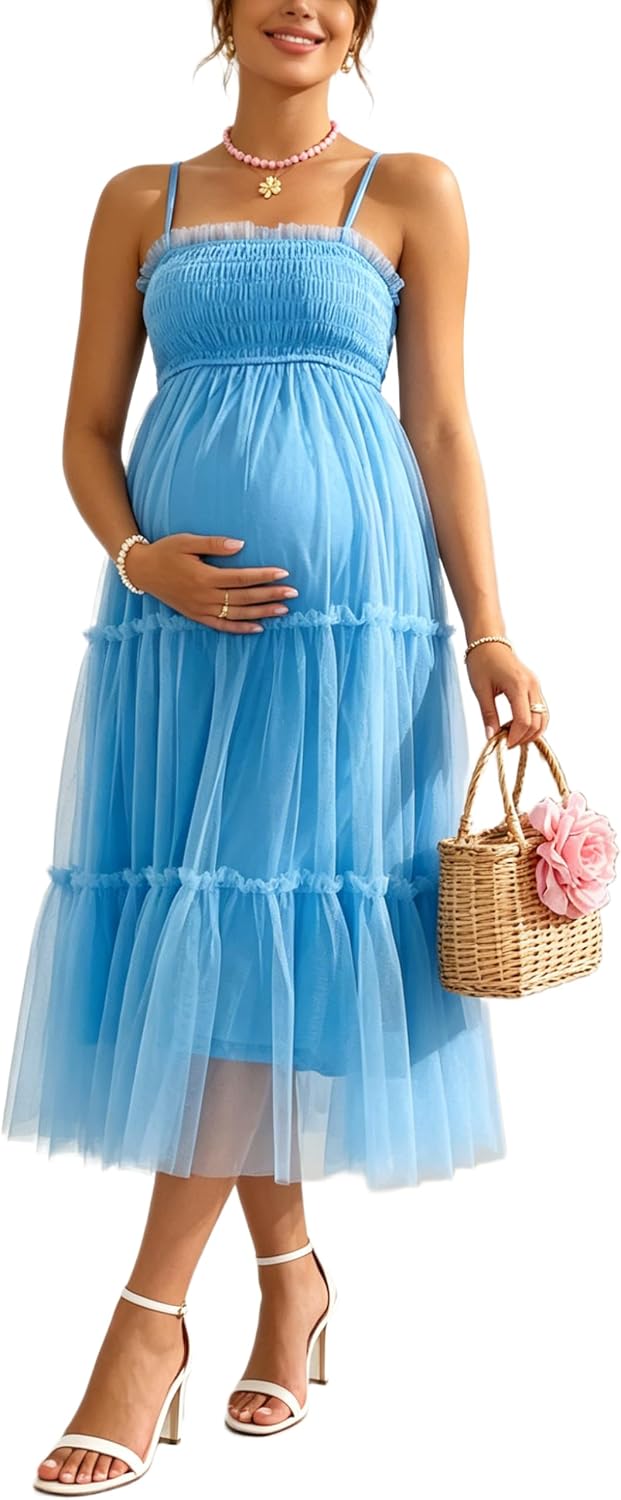 Maternity Midi Dress Spaghetti Strap Smocked Tiered Tulle Gown | Light airy tulle maternity midi dress, smocked bust adjustable straps, tiered ruffle skirt for beach & baby shower photos