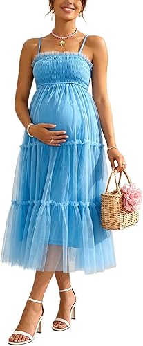 Maternity Tulle Dress Spaghetti Straps Smocked Tiered Flowy Maxi Dress for Baby Shower Wedding Guest Sky Blue