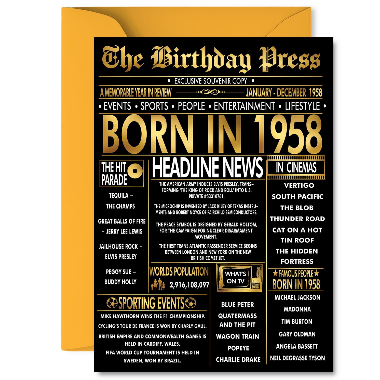 Gold 68th Birthday Card for Men Women - Black & Golden Newspaper Born in 1958 - Happy 68 Birthday Cards for Nanny Brother Sister Husband Wife Nan, 5x7 Inch Bday Greeting Cards