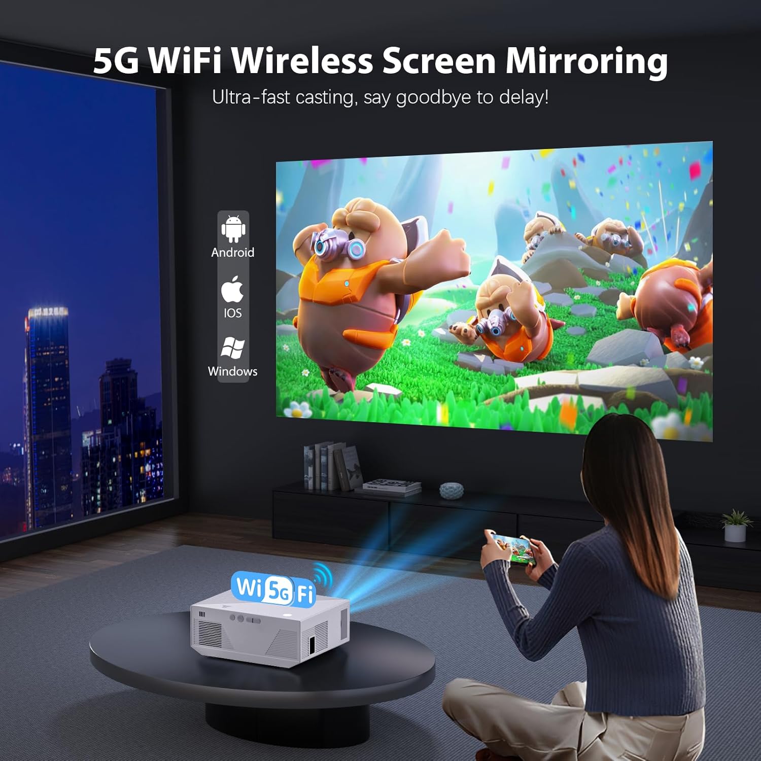 Image showing a person using a smartphone to wirelessly screen mirror content to the Wielio Mini Projector, with icons for Android, iOS, and Windows compatibility.