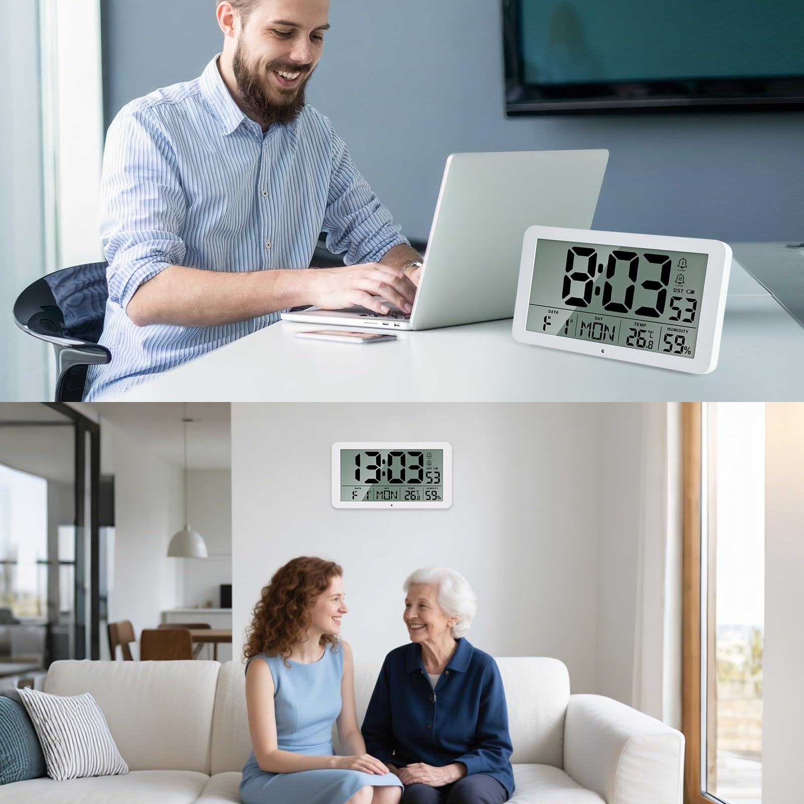 Seutgjie Digitale Wanduhr Groß 9 Zoll Tischuhr Seniorenuhr mit Datum Wochentag Temperaturanzeige Feuchtigkeit DST-Funktion 2 Weckzeiten Snooze Modi 12/24 Stunden