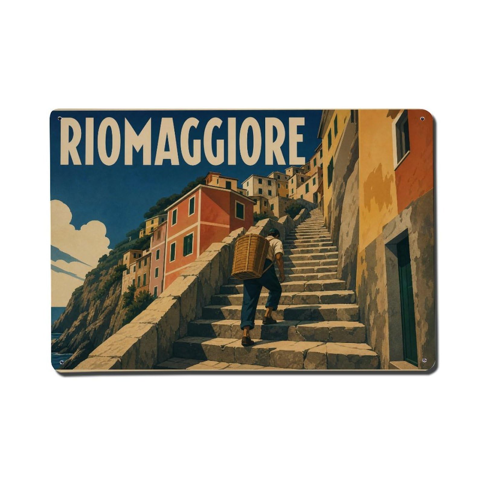 Vintage Travel Riomaggiore Stairs Climbing Street Steps Metal Tin Sign